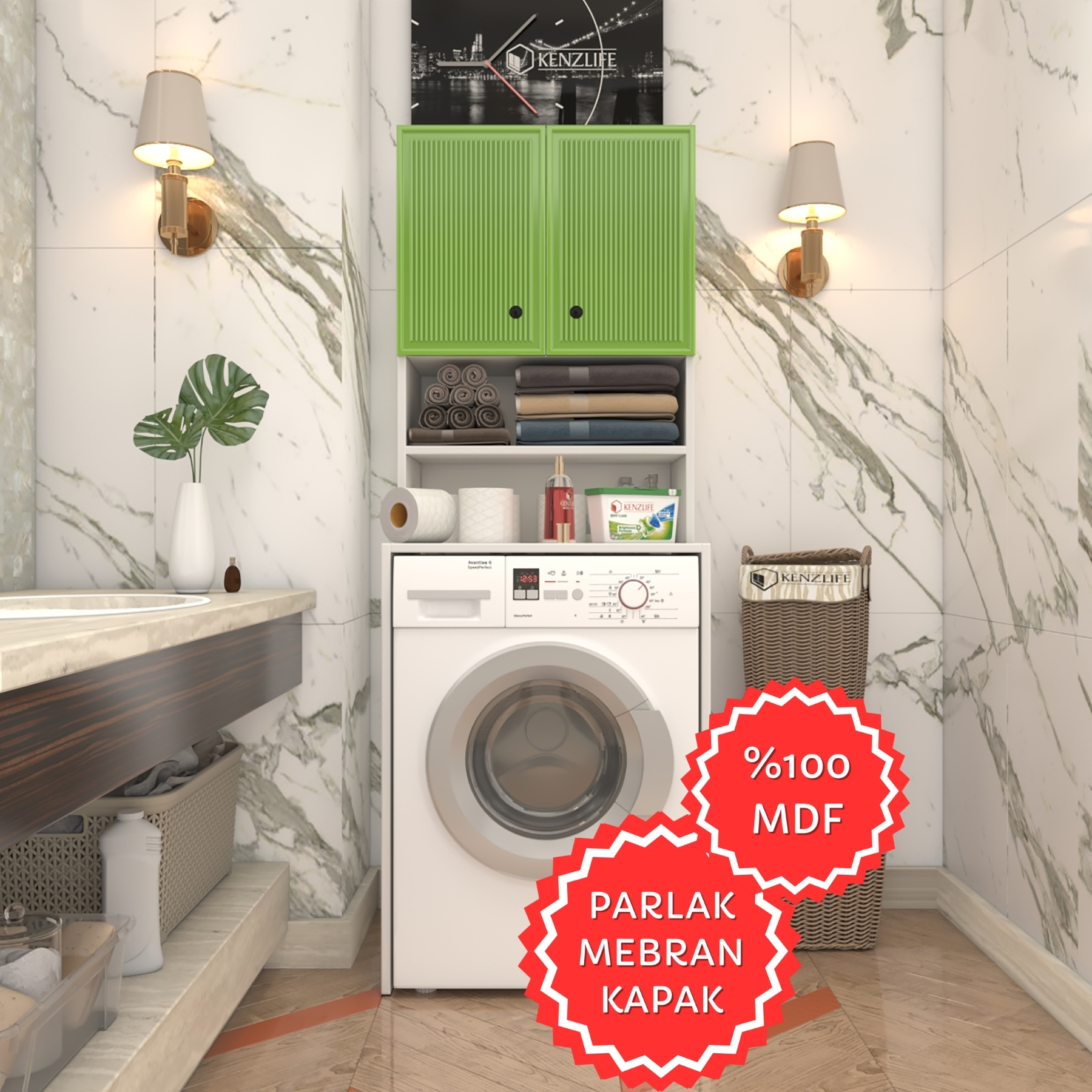 Kenzlife membran çamaşır makinesi dolabı hayzum yşlbyz inceince 180*66*55 mebran kapak MDF gövde