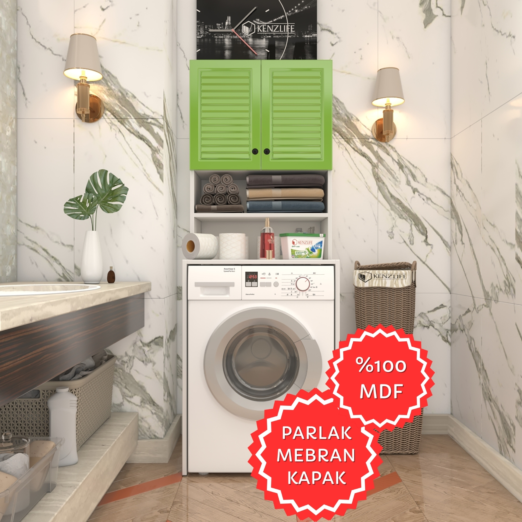 Kenzlife membran çamaşır makinesi dolabı hayzum yşlbyz panjur 180*66*55 mebran kapak MDF gövde