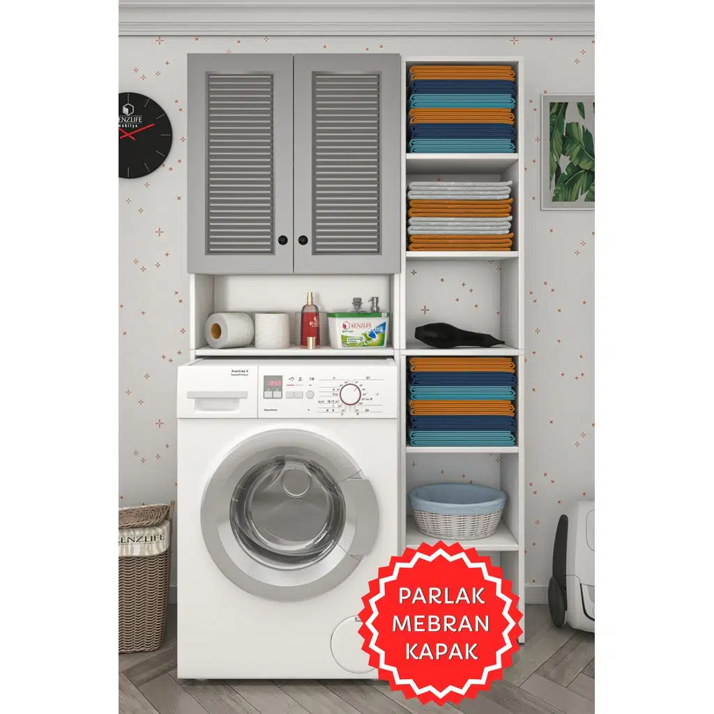 Kenzlife membran çamaşır makinesi dolabı sinemmaks gribyz panjur 180*096*30 mebran kapak suntalam gövde kapaklı arkalıklı raflı