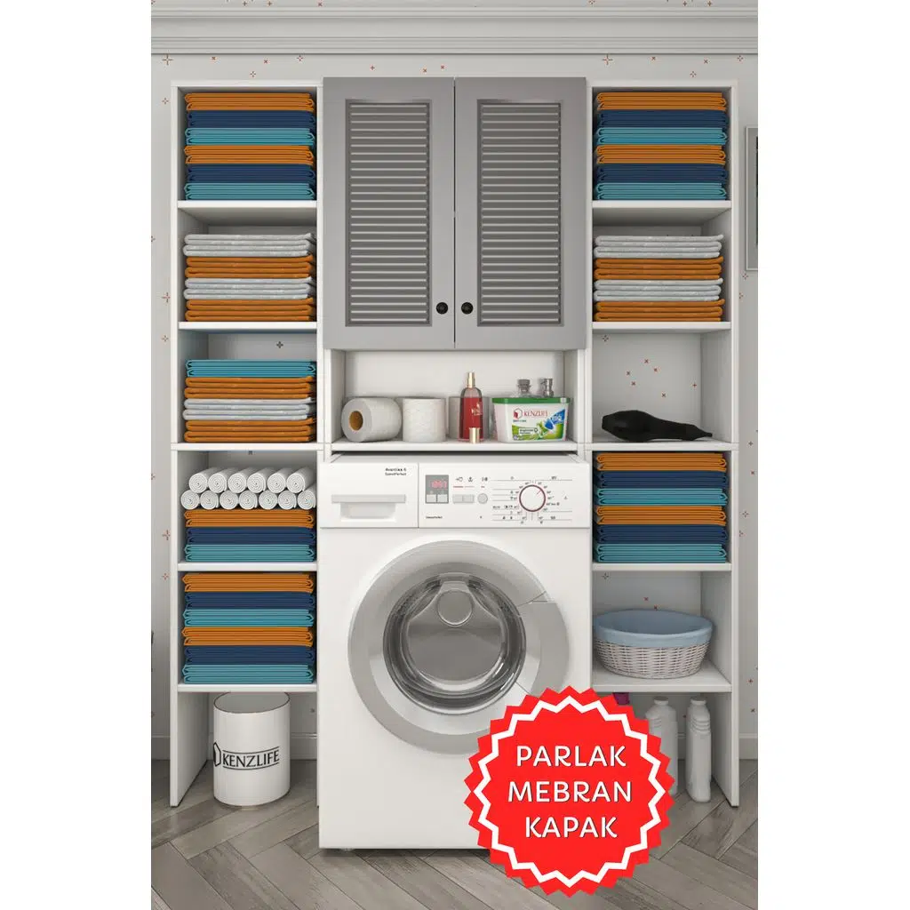 Kenzlife membran çamaşır makinesi dolabı sinemmaksduble gribyz panjur 180*126*30 mebran kapak suntalam gövde kapaklı arkalıklı raflı