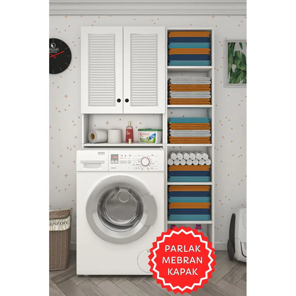 Kenzlife membran çamaşır makinesi dolabı veronikamaks byzbyz panjur 180*096*20 mebran kapak MDF gövde kapaklı arkalıksız raflı