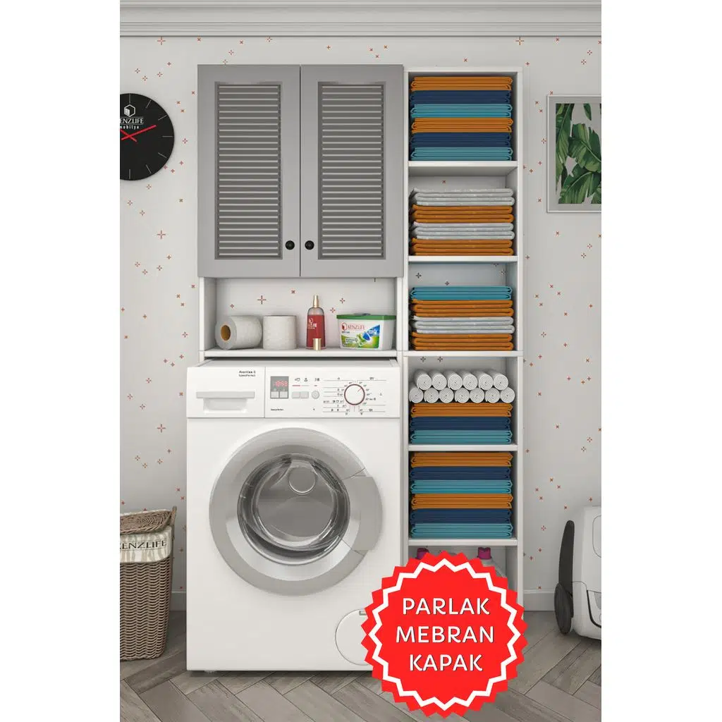 Kenzlife membran çamaşır makinesi dolabı veronikamaks gribyz panjur 180*096*20 mebran kapak suntalam gövde kapaklı arkalıksız raflı