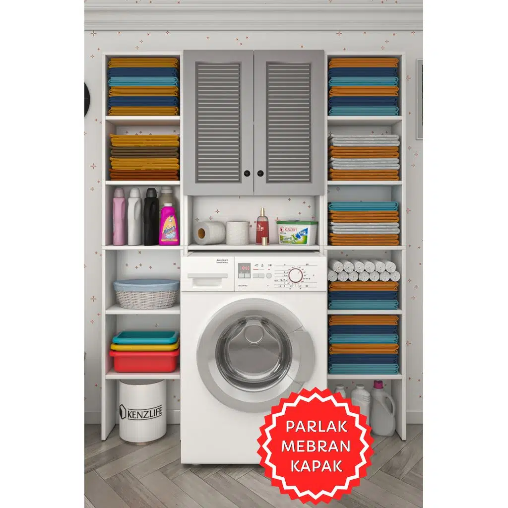 Kenzlife membran çamaşır makinesi dolabı veronikamaksduble gribyz panjur 180*126*20 mebran kapak MDF gövde arkalıksız raflı