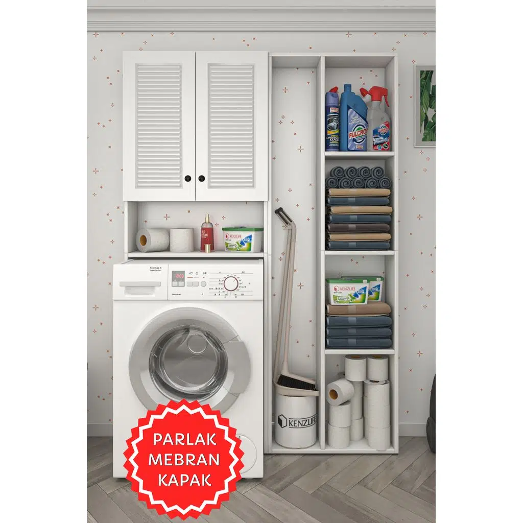 Kenzlife membran çamaşır makinesi dolabı veronikasüpürge byzbyz panjur 180*126*20 mebran kapak MDF gövde arkalıksız raflı