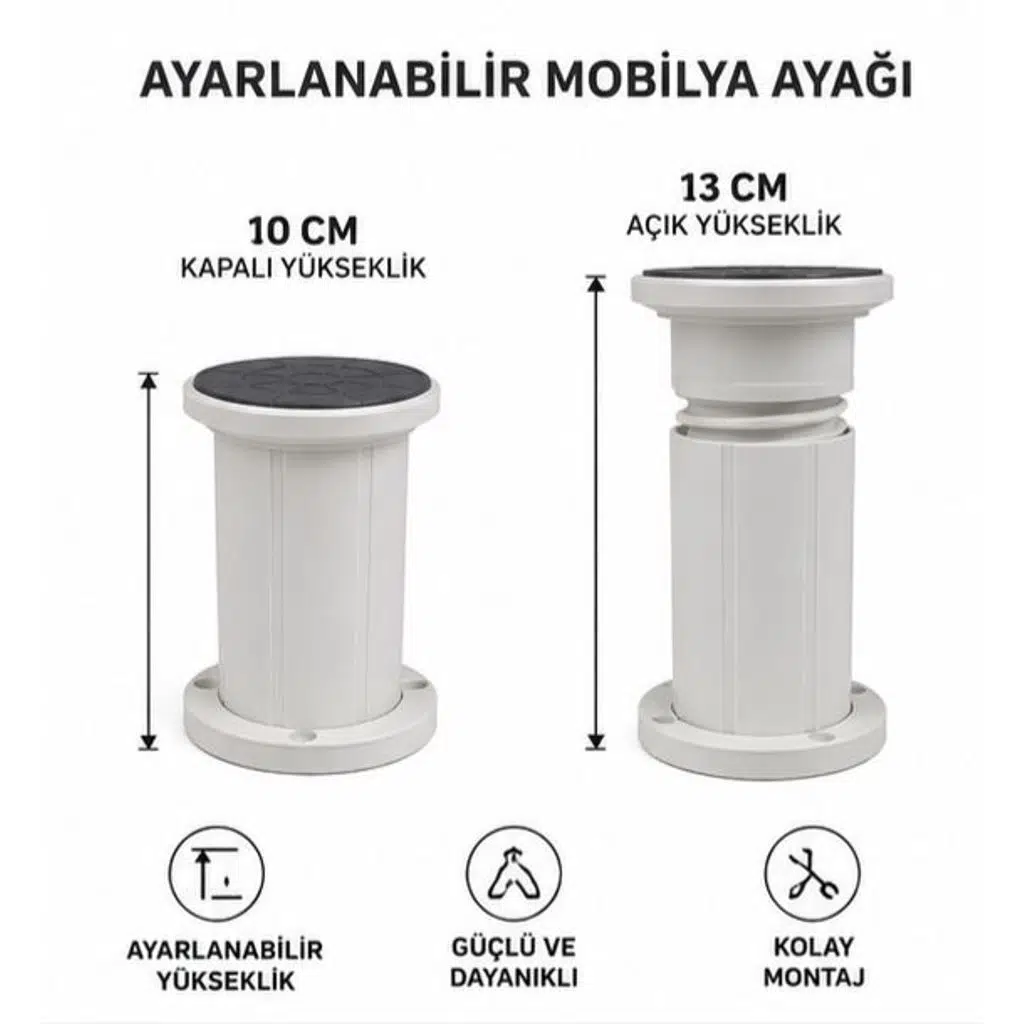 Kenzlife mobilya dolap kanepe baza ayağı jumbo ayarlı beyaz plastik 01 adet 10 cm yükseklik