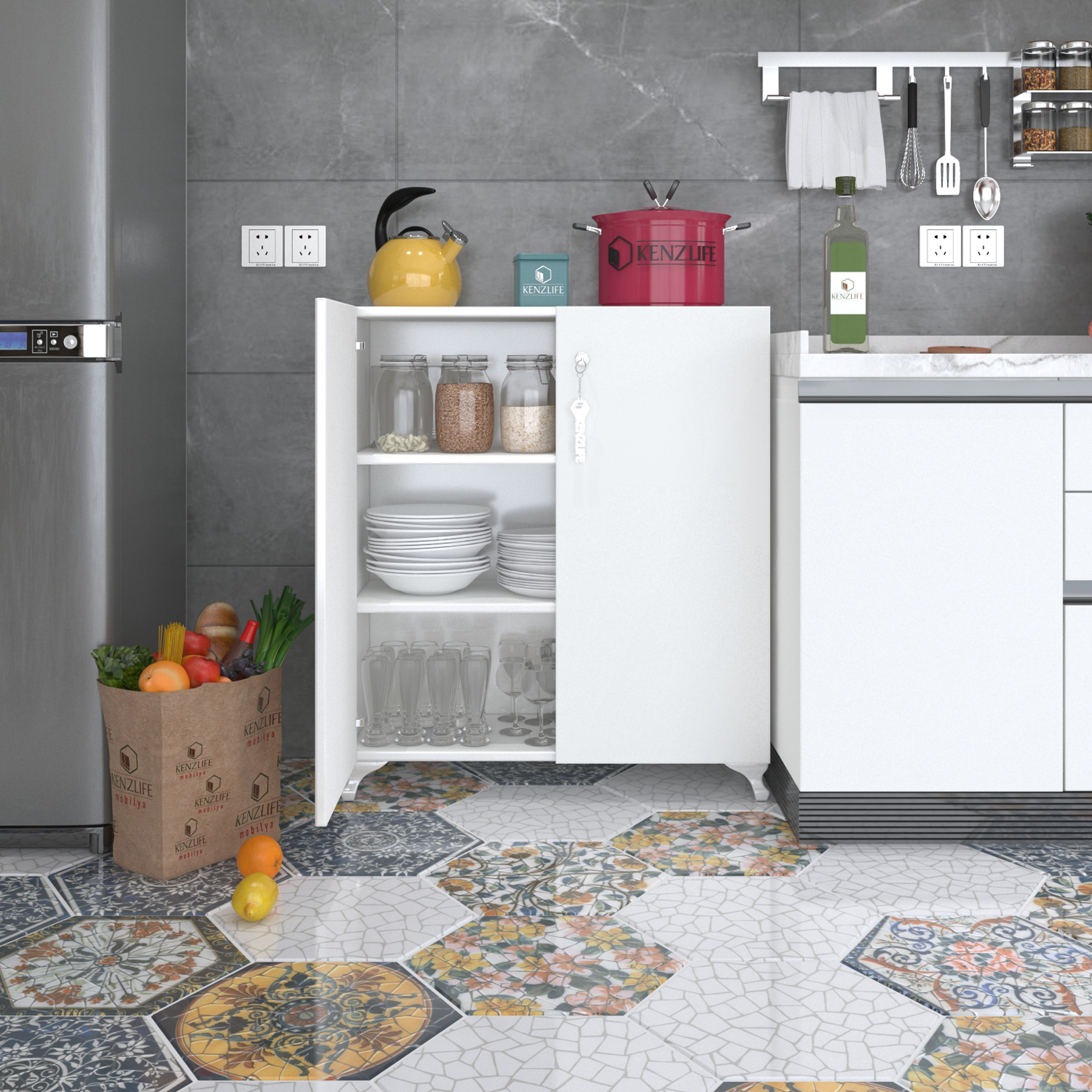 Kenzlife 2 kapılı dolap çilem 088*070*032 byz kilitli ayaklı banyo mutfak ofis kitaplık ayakkabılık kiler