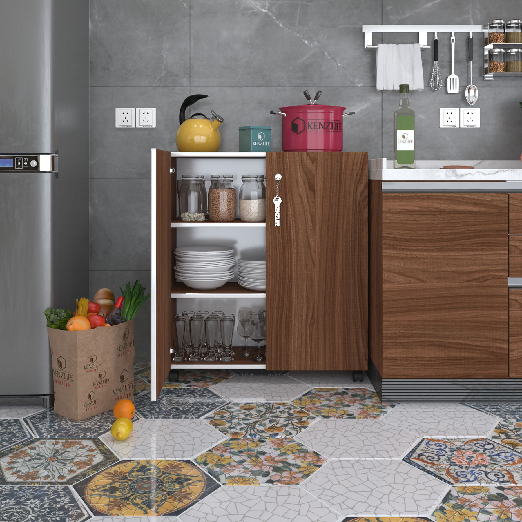Kenzlife 2 kapılı dolap çilem 088*070*032 cvz kilitli tekerlekli banyo mutfak ofis kitaplık ayakkabılık kiler