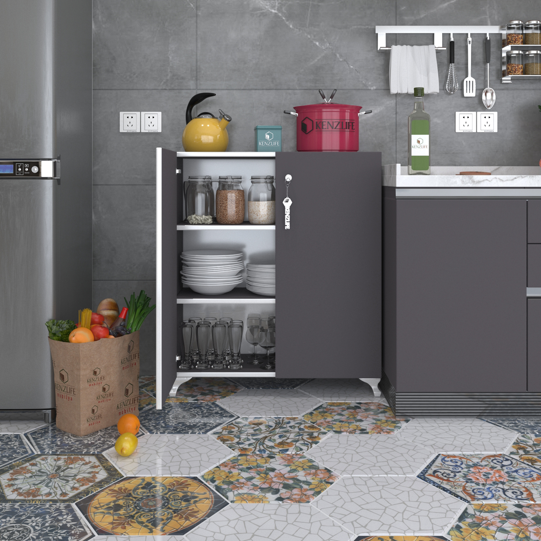Kenzlife 2 kapılı dolap çilem 088*070*032 gri kilitli ayaklı banyo mutfak ofis kitaplık ayakkabılık kiler