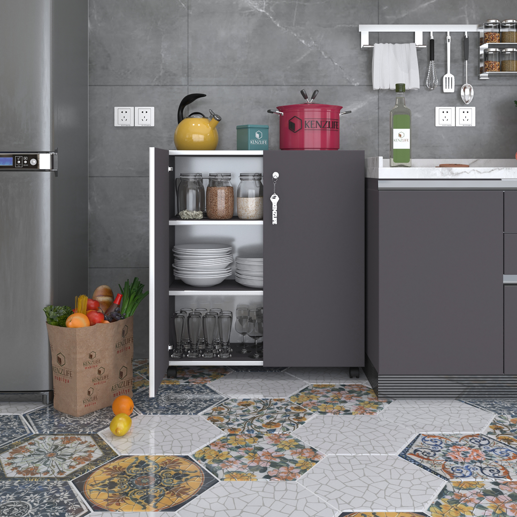 Kenzlife 2 kapılı dolap çilem 088*070*032 gri kilitli tekerlekli banyo mutfak ofis kitaplık ayakkabılık kiler