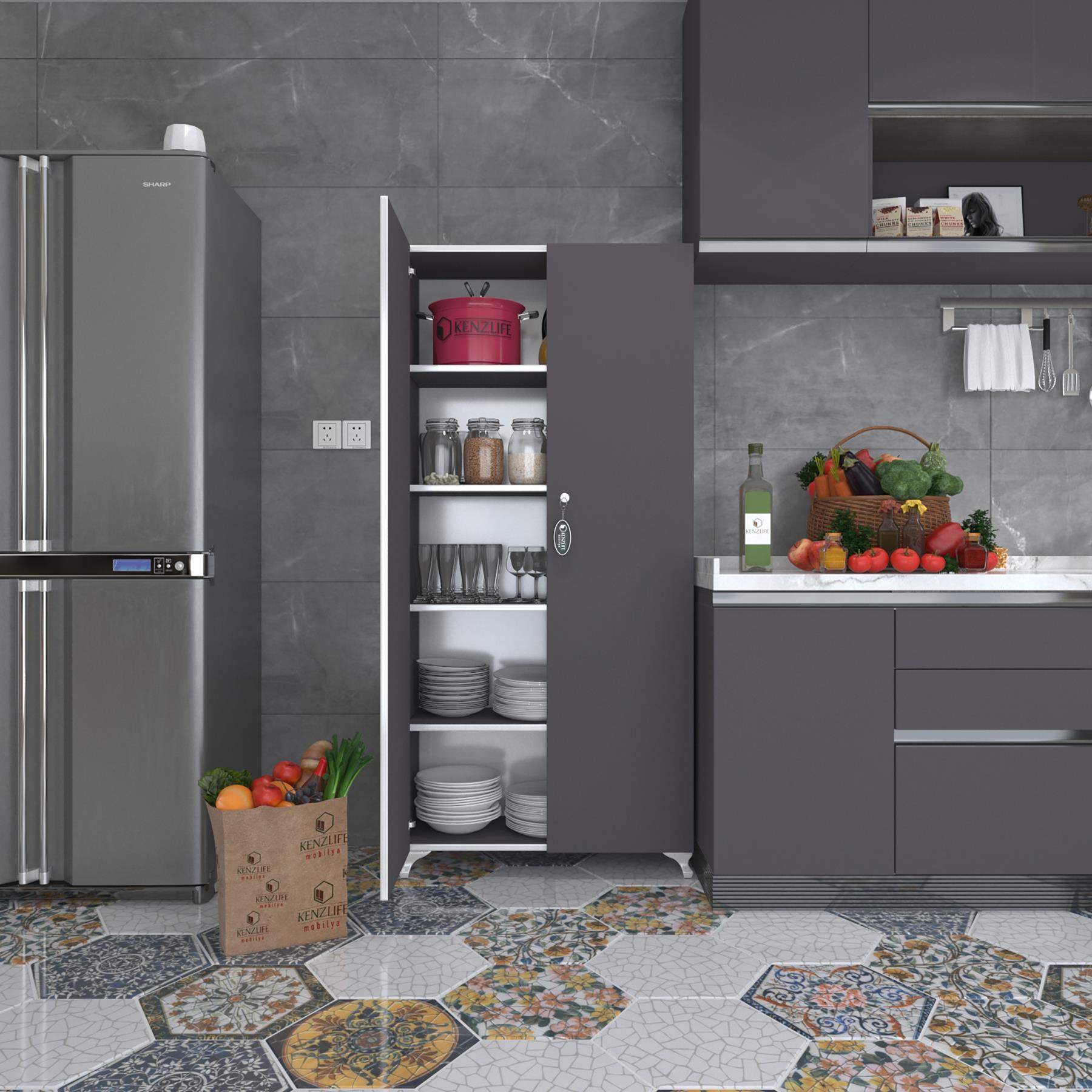 Kenzlife 2 kapılı dolap çilem 188*070*032 gri kilitli ayaklı banyo mutfak ofis kitaplık ayakkabılık kiler
