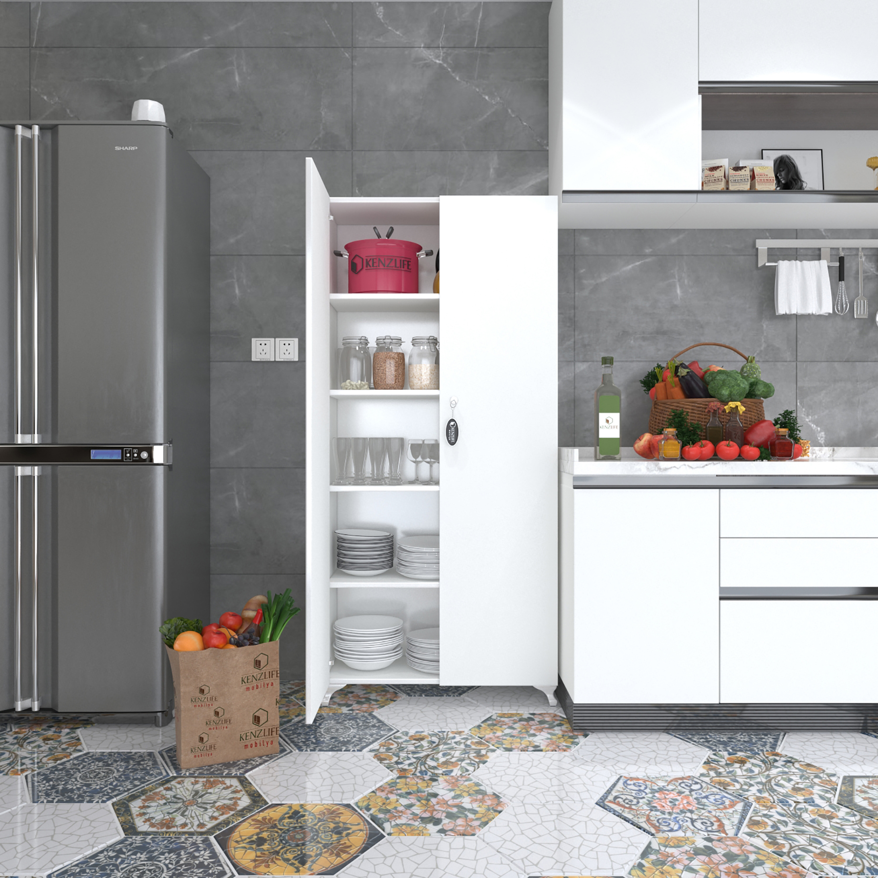 Kenzlife 2 kapılı dolap çilem 188*090*032 byz kilitli ayaklı banyo mutfak ofis kitaplık ayakkabılık kiler