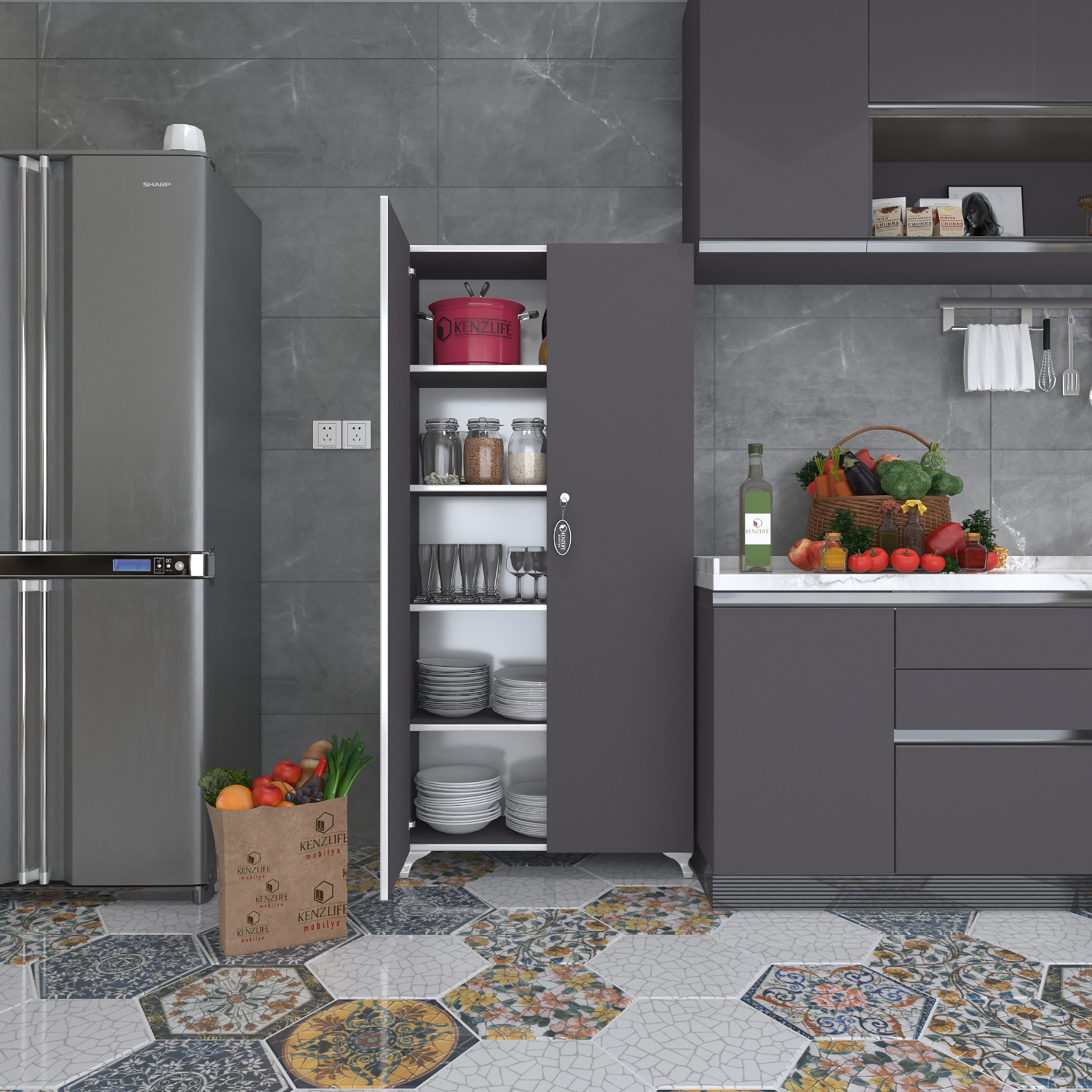 Kenzlife 2 kapılı dolap çilem 188*090*032 gri kilitli ayaklı banyo mutfak ofis kitaplık ayakkabılık kiler