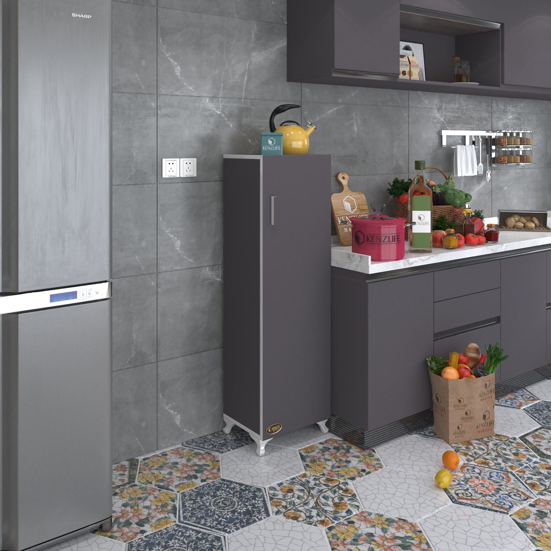 Kenzlife mutfak dolabı mine 128*030*032 gri kapaklı ayaklı banyo evrak ofis kitaplık ayakkabılık kiler