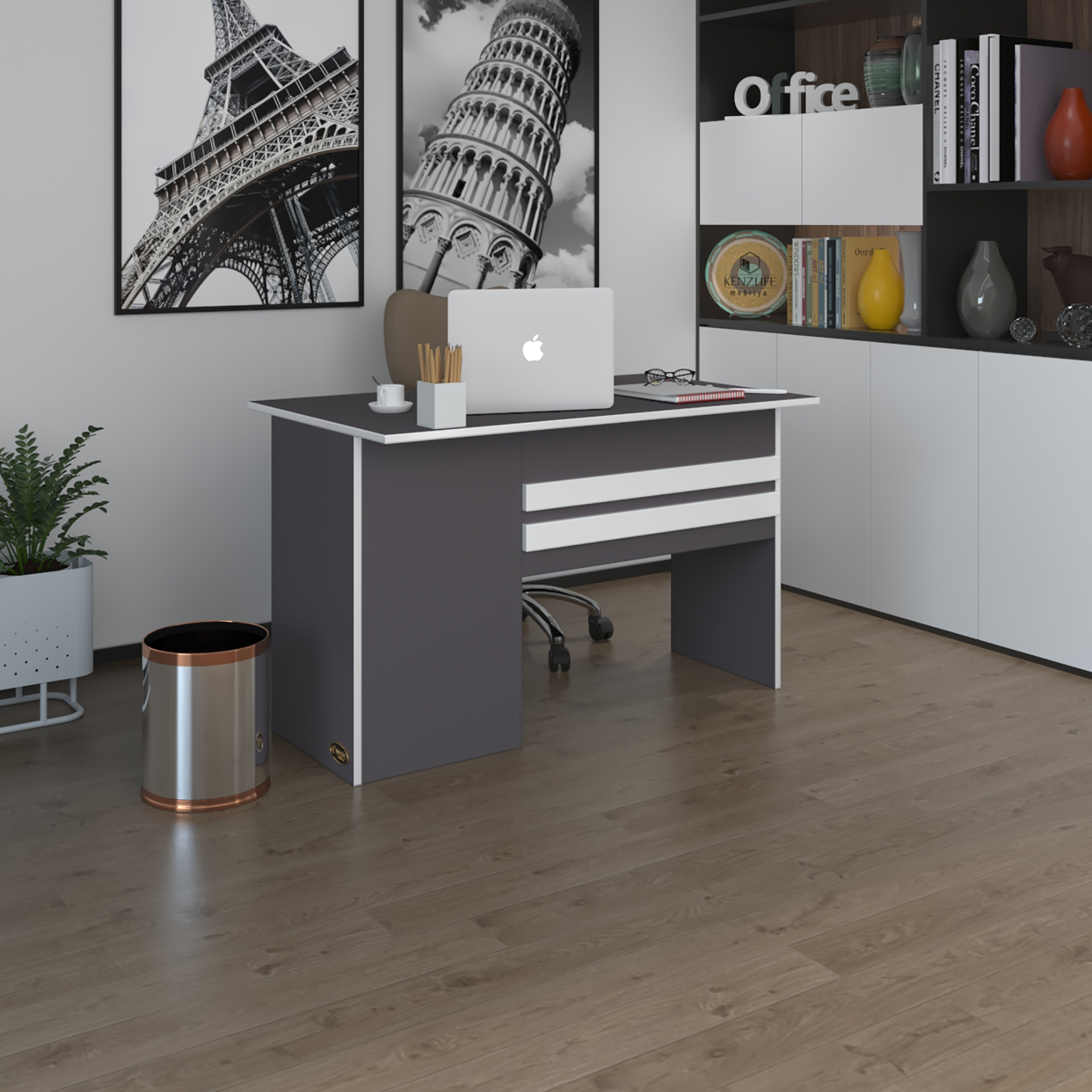 Kenzlife ofis masası kamikaze gri sağ 75*110*60 raflı dolap şeritli bilgisayar çalışma masası