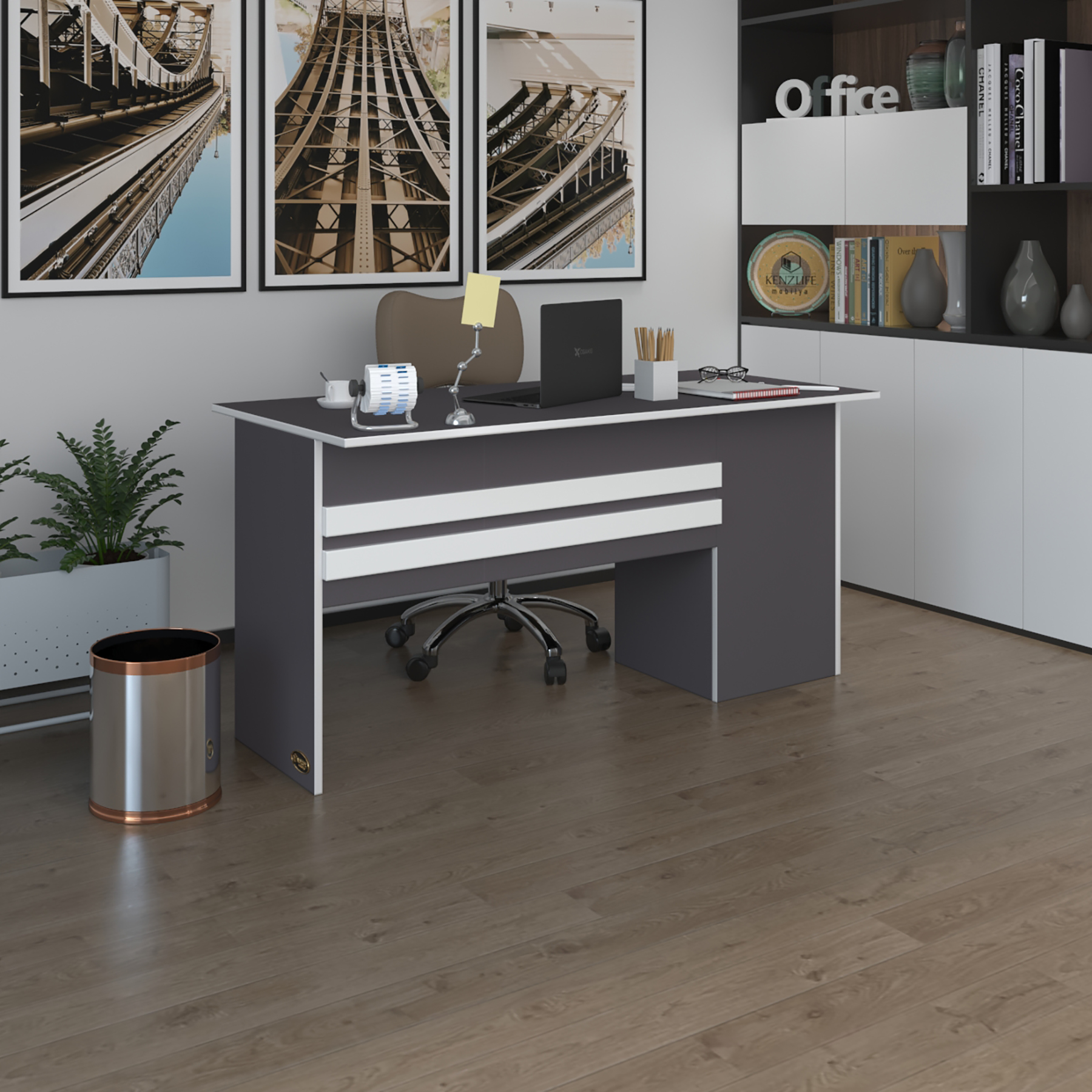 Kenzlife ofis masası kamikaze gri sol 75*110*60 raflı dolap şeritli bilgisayar çalışma masası