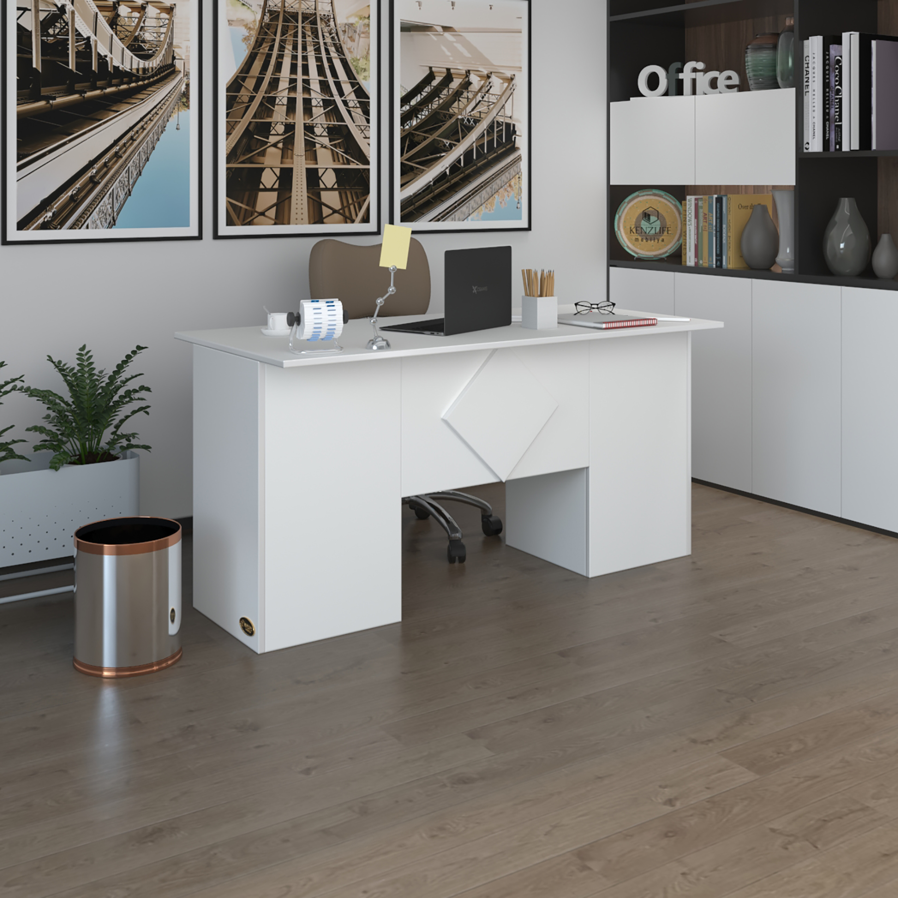 Kenzlife ofis masası kuma kengo byz 75*150*60 kilitli kapaklı dolap çiftli eşkenar bilgisayar çalışma masası