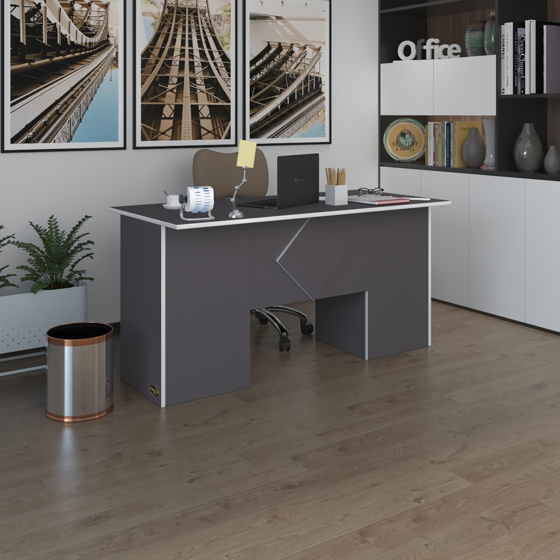 Kenzlife ofis masası kuma kengo gri 75*150*60 kilitli kapaklı dolap çiftli eşkenar bilgisayar çalışma masası