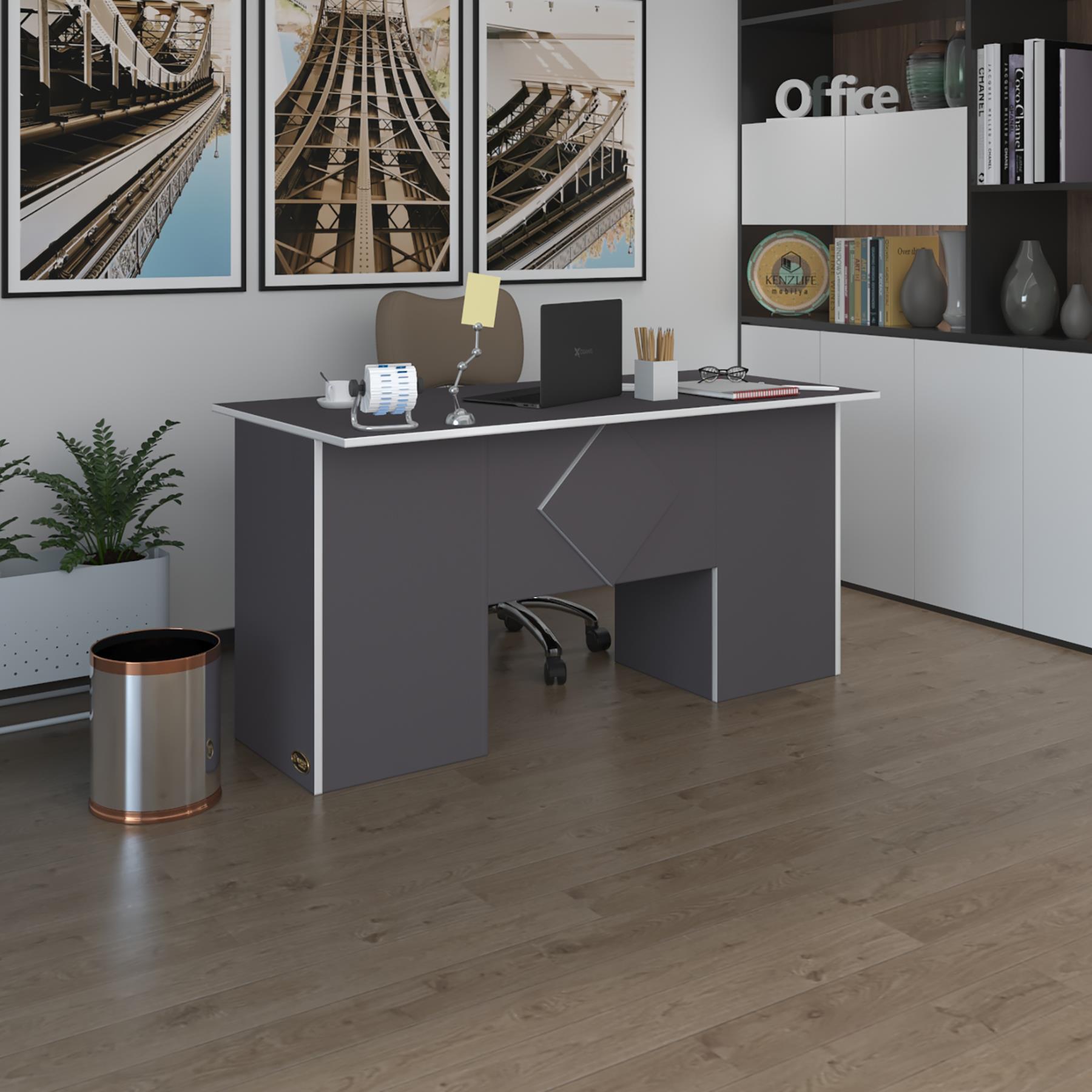 Kenzlife ofis masası kuma kengo gri 75*170*60 kilitli kapaklı dolap çiftli eşkenar bilgisayar çalışma masası