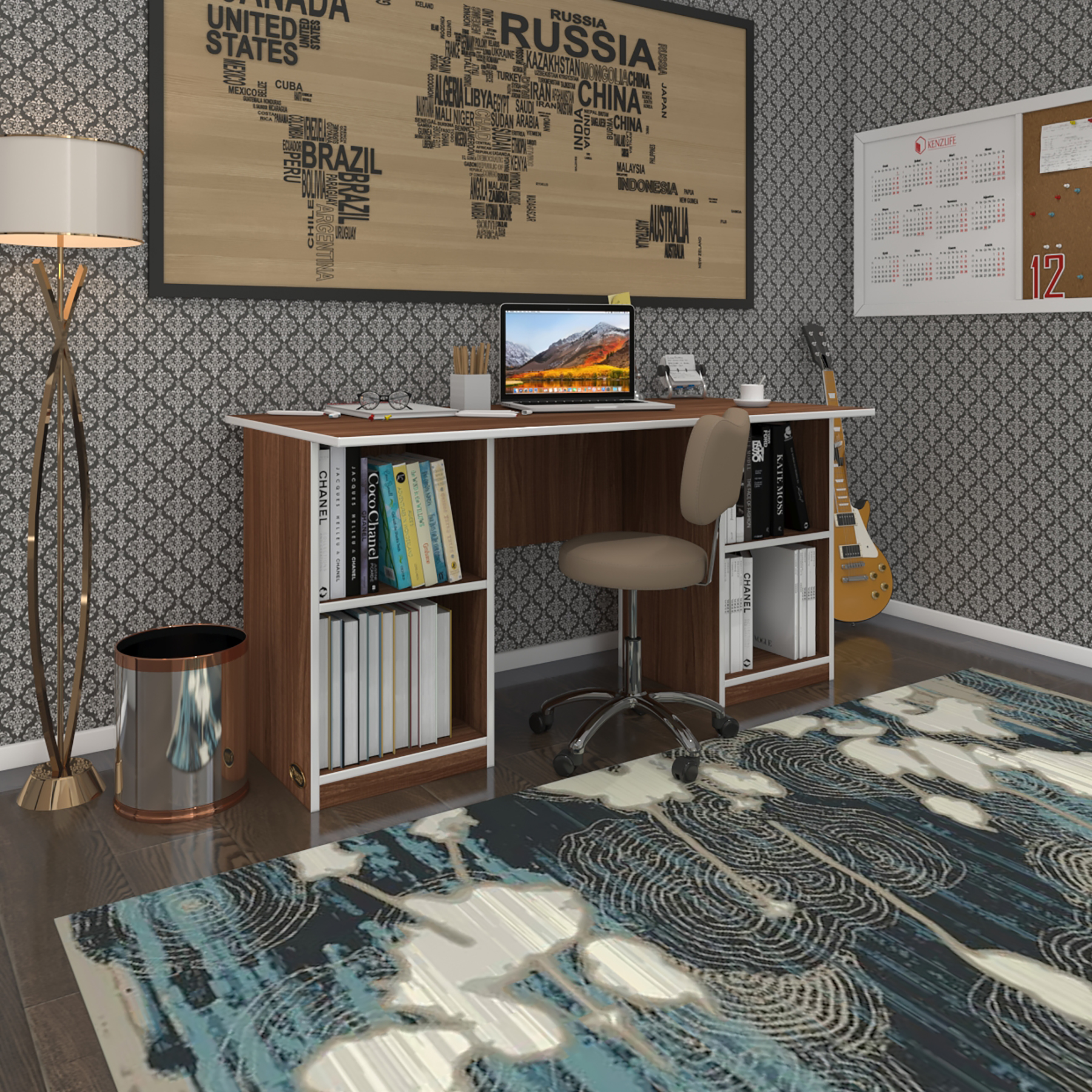 Kenzlife ofis masası masi oka cvz 75*150*60 raflı dolap çiftli bilgisayar çalışma masası