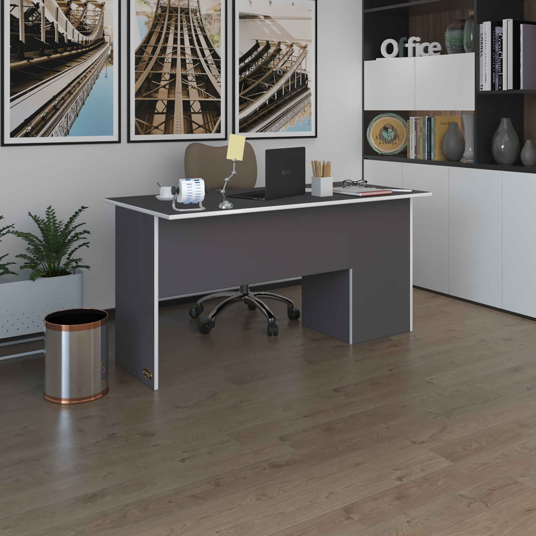 Kenzlife ofis masası miyamoto gri sol 75*110*60 kilitli kapaklı dolap bilgisayar çalışma masası