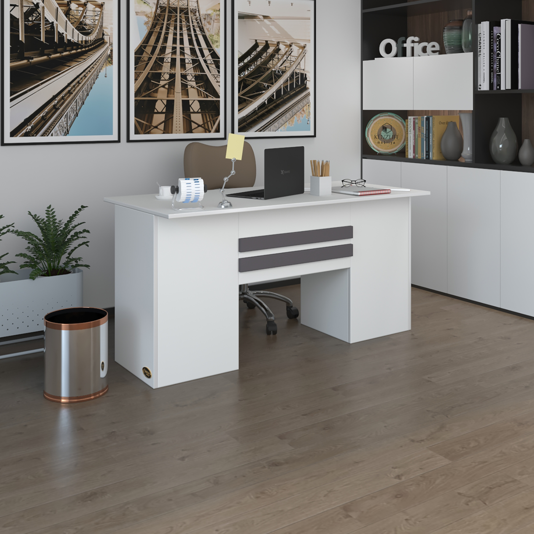 Kenzlife ofis masası pat morita byz 75*150*60 kilitli kapaklı dolap çiftli şeritli bilgisayar çalışma masası