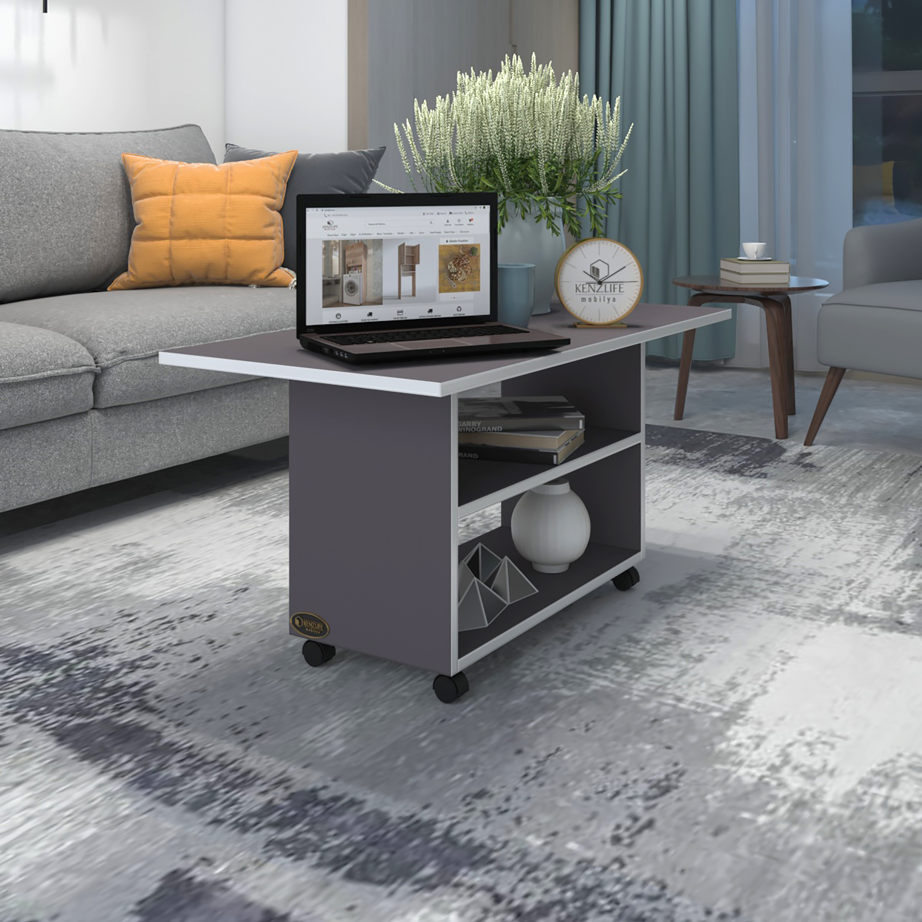 Kenzlife orta salon sehpası atina gri 075*070*50 tekerlekli yemek masası