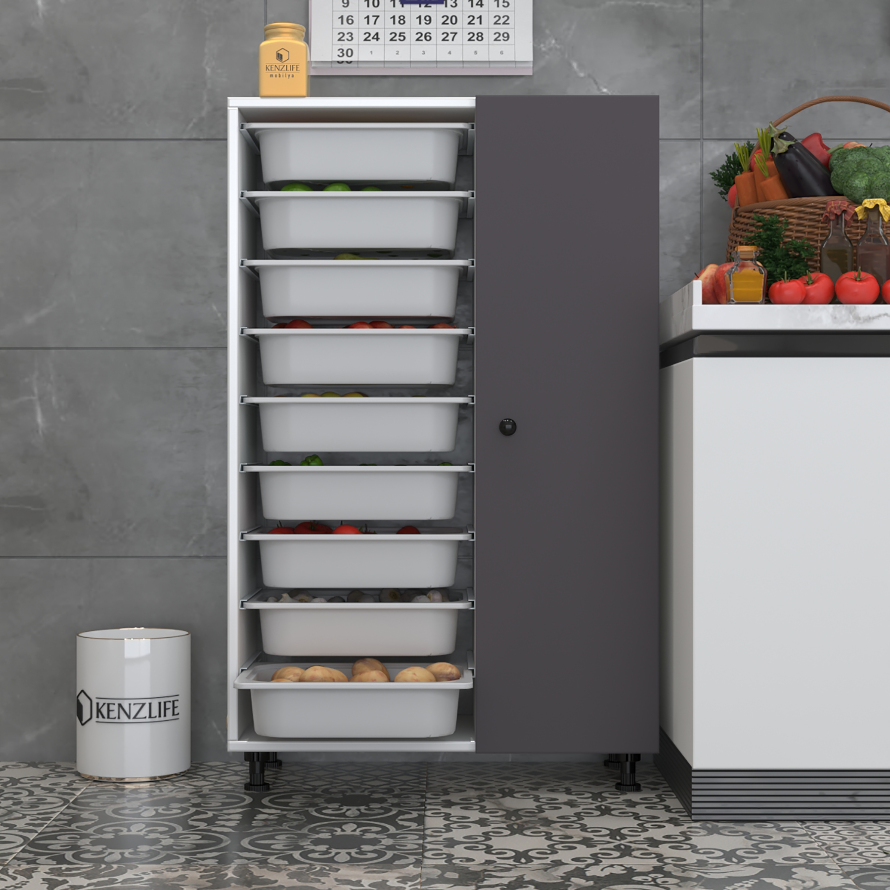 Kenzlife sepetli kapaklı mutfak dolabı eslem gribyz 122*075*32 erzak 9 sepetli