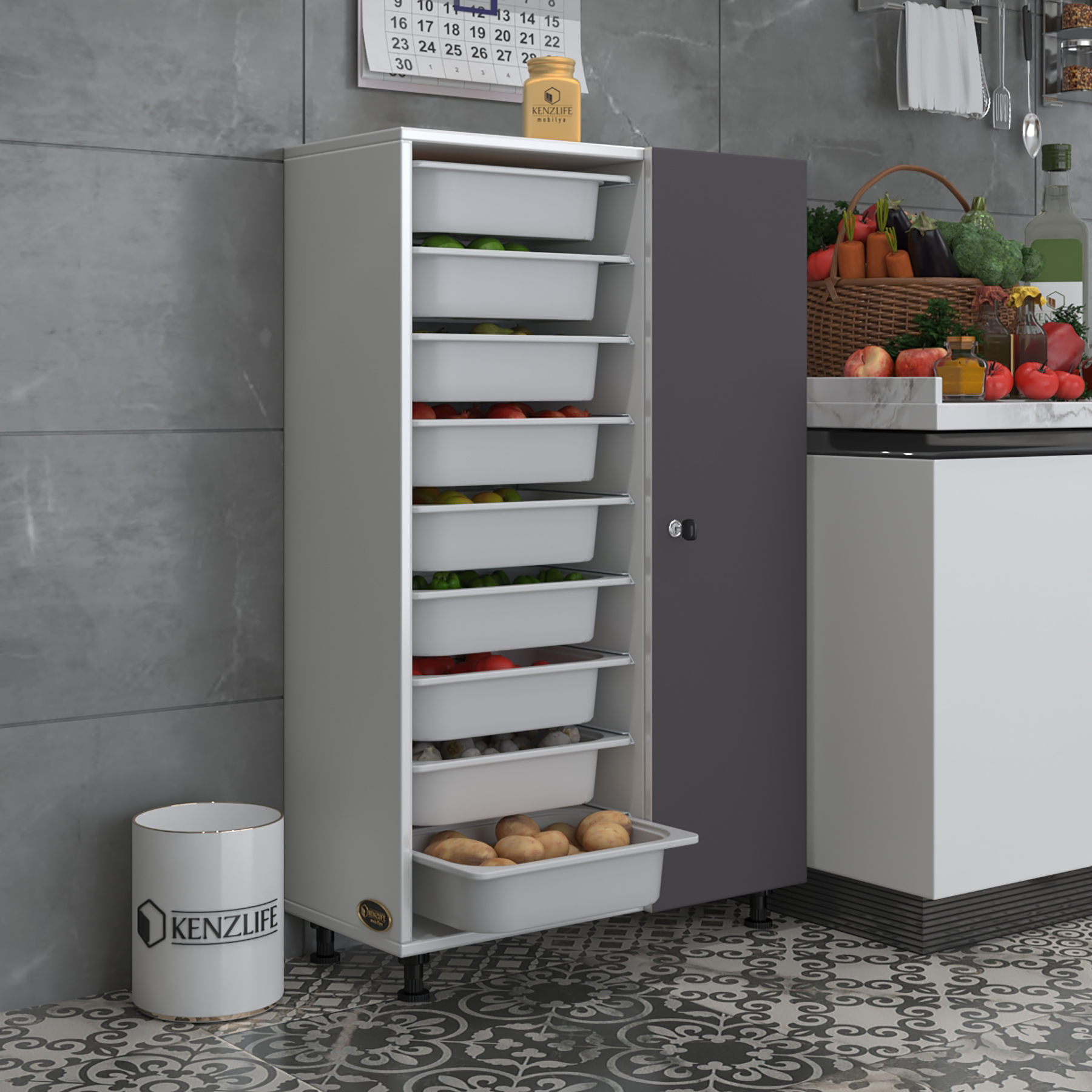 Kenzlife sepetli kilitli mutfak dolabı eslem gribyz 122*075*32 erzak 9 sepetli