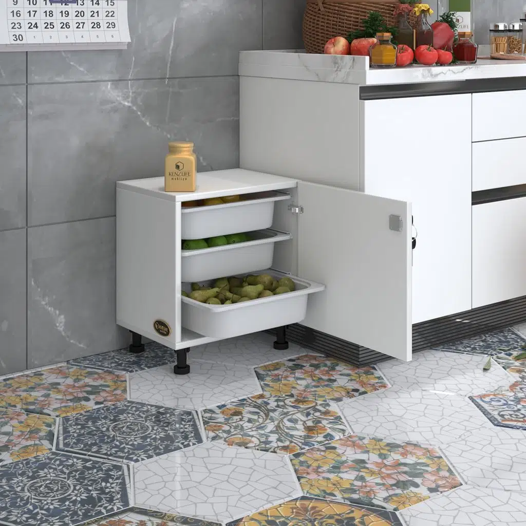 Kenzlife sepetli kilitli mutfak dolabı ruberukilit byz 050x45x30 banyo çamaşır beyaz 3 lü sepet