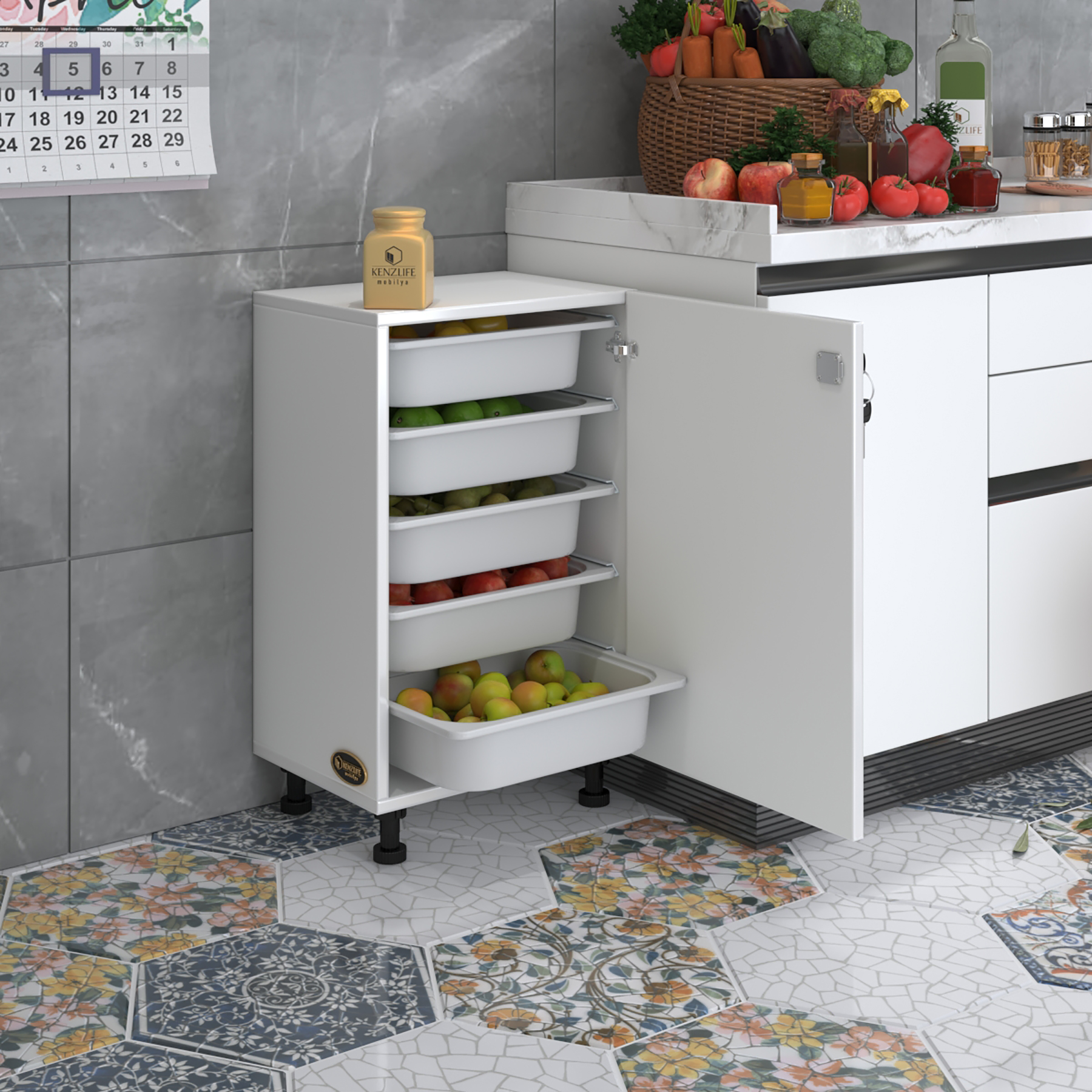 Kenzlife sepetli kilitli mutfak dolabı ruberukilit byz 074x45x30 banyo çamaşır beyaz 5 li sepet
