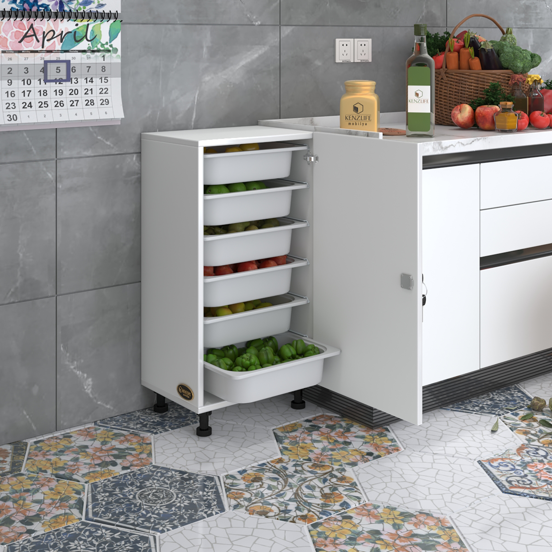 Kenzlife sepetli kilitli mutfak dolabı ruberukilit byz 086x45x30 banyo çamaşır beyaz 6 lı sepet