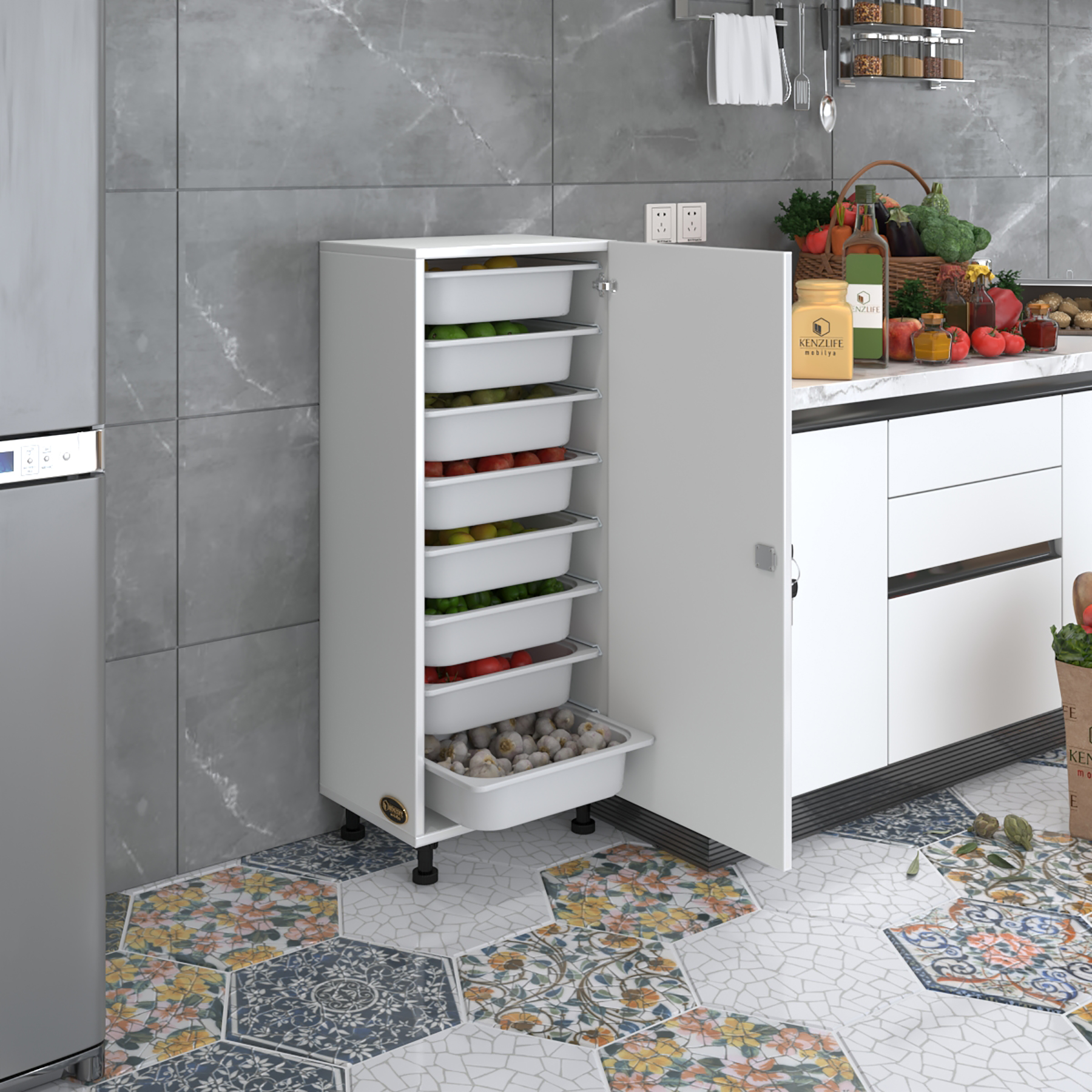 Kenzlife sepetli kilitli mutfak dolabı ruberukilit byz 110x45x30 banyo çamaşır beyaz 8 li sepet