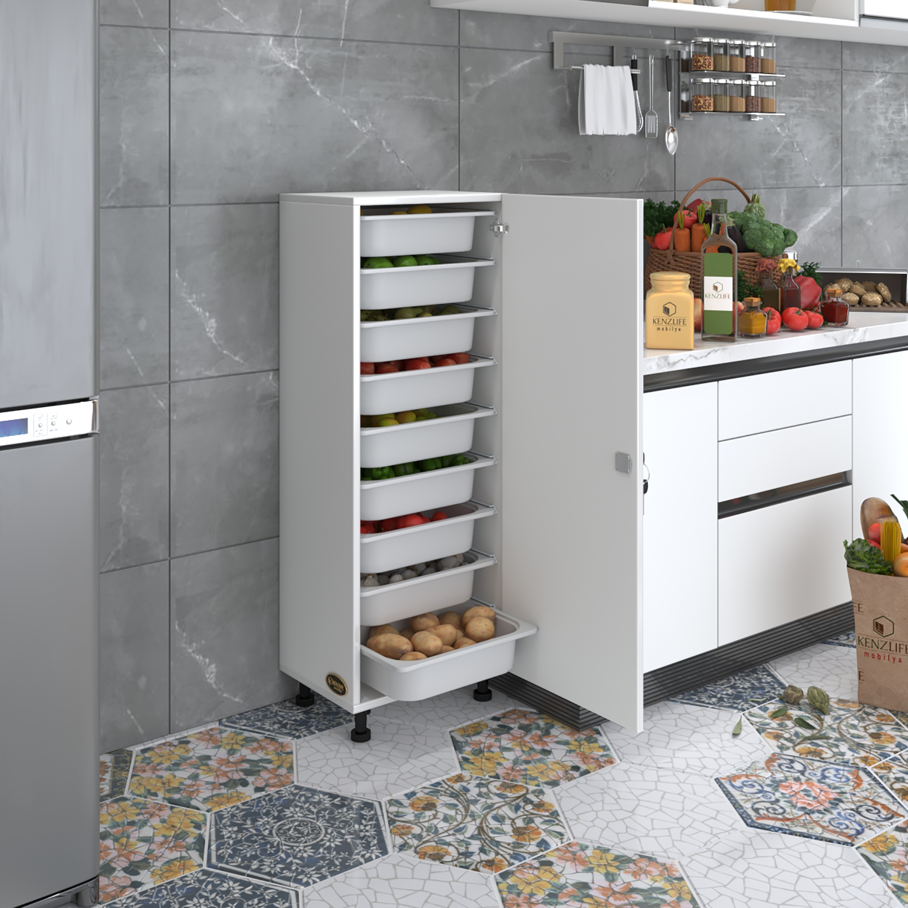 Kenzlife sepetli kilitli mutfak dolabı ruberukilit byz 122x45x30 banyo çamaşır beyaz 9 lu sepet
