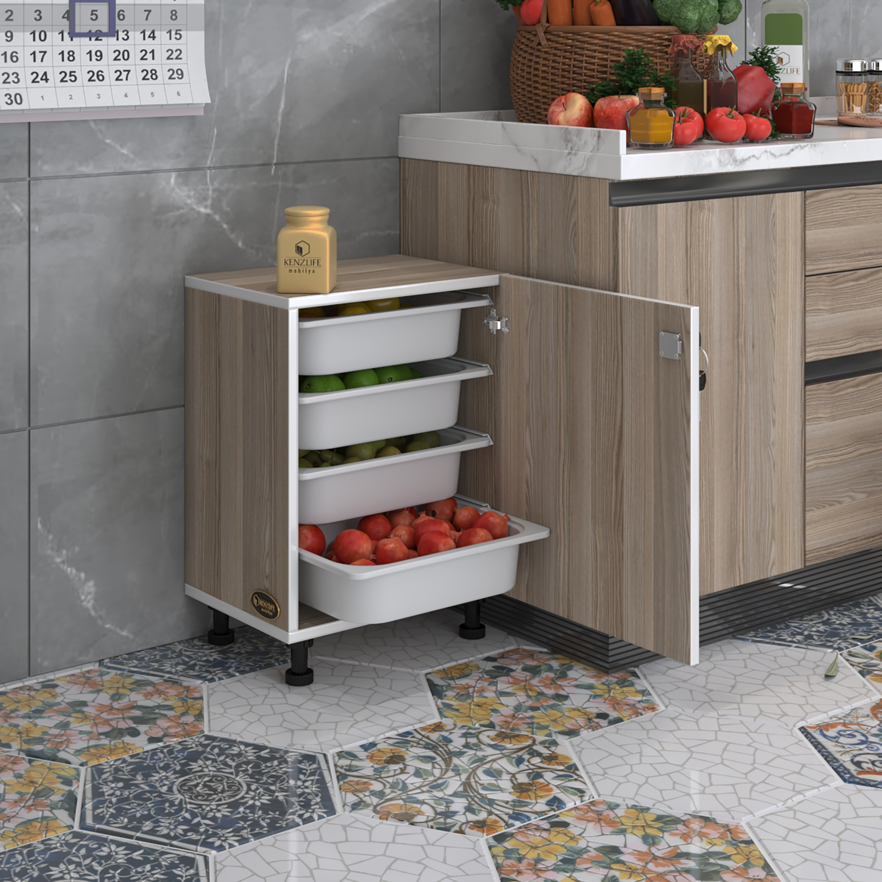 Kenzlife sepetli kilitli mutfak dolabı ruberukilit crd 062x45x30 banyo çamaşır beyaz 4 lü sepet