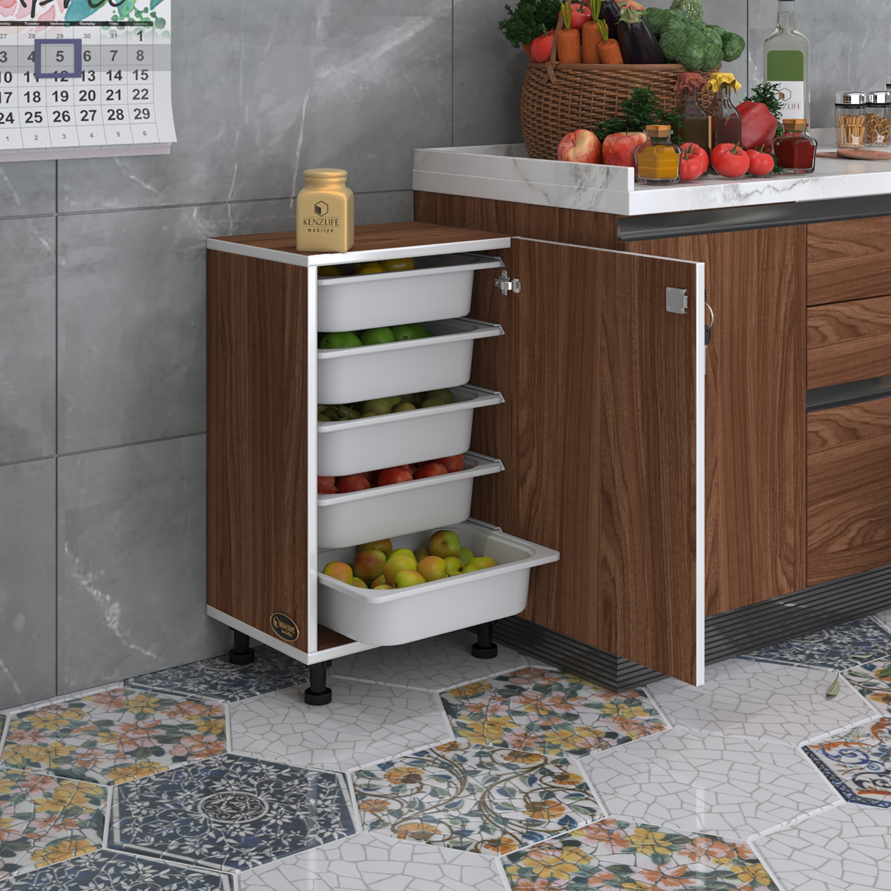 Kenzlife sepetli kilitli mutfak dolabı ruberukilit cvz 074x45x30 banyo çamaşır beyaz 5 li sepet