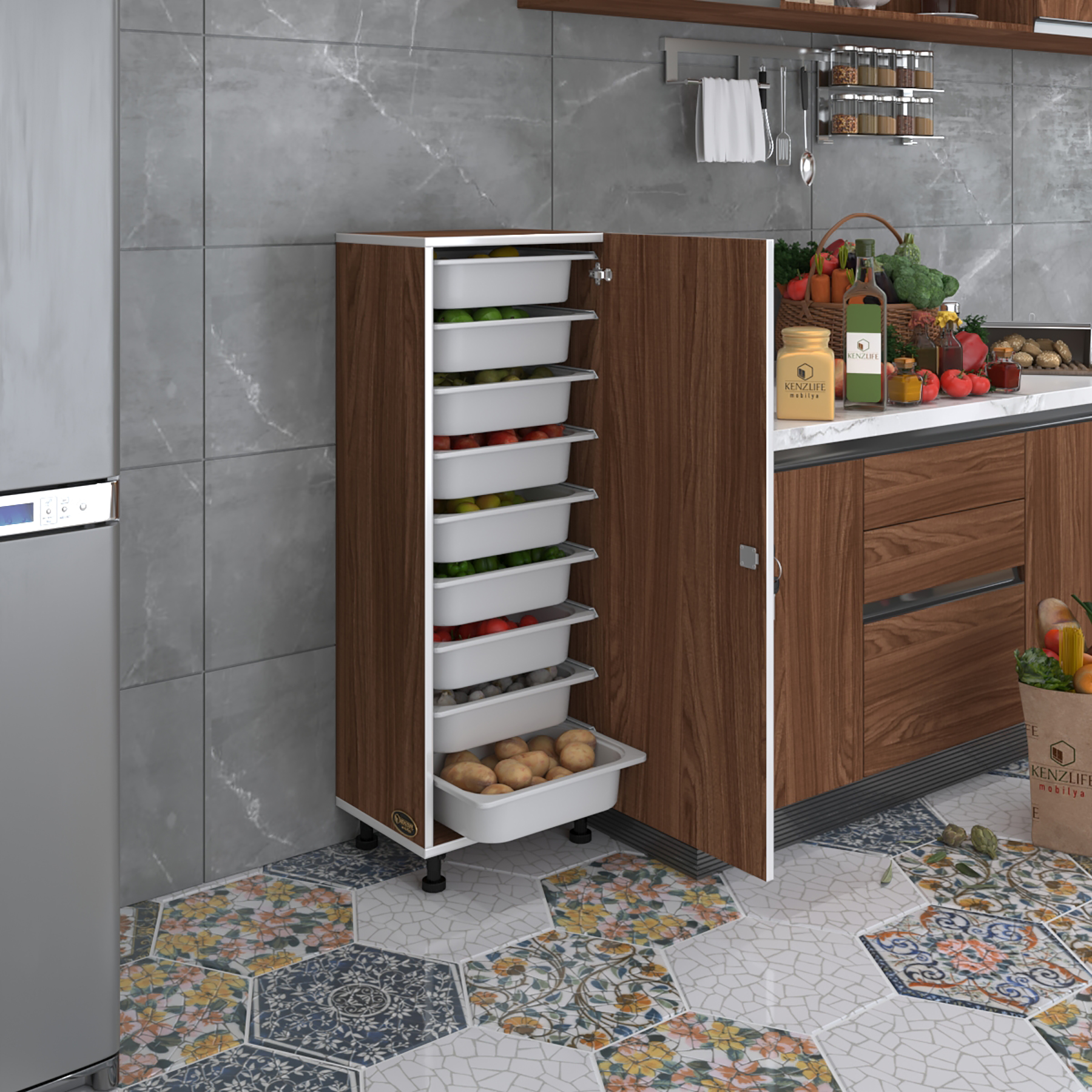 Kenzlife sepetli kilitli mutfak dolabı ruberukilit cvz 122x45x30 banyo çamaşır beyaz 9 lu sepet