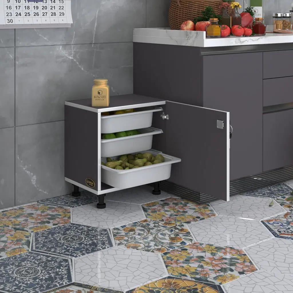 Kenzlife sepetli kilitli mutfak dolabı ruberukilit gri 050x45x30 banyo çamaşır beyaz 3 lü sepet