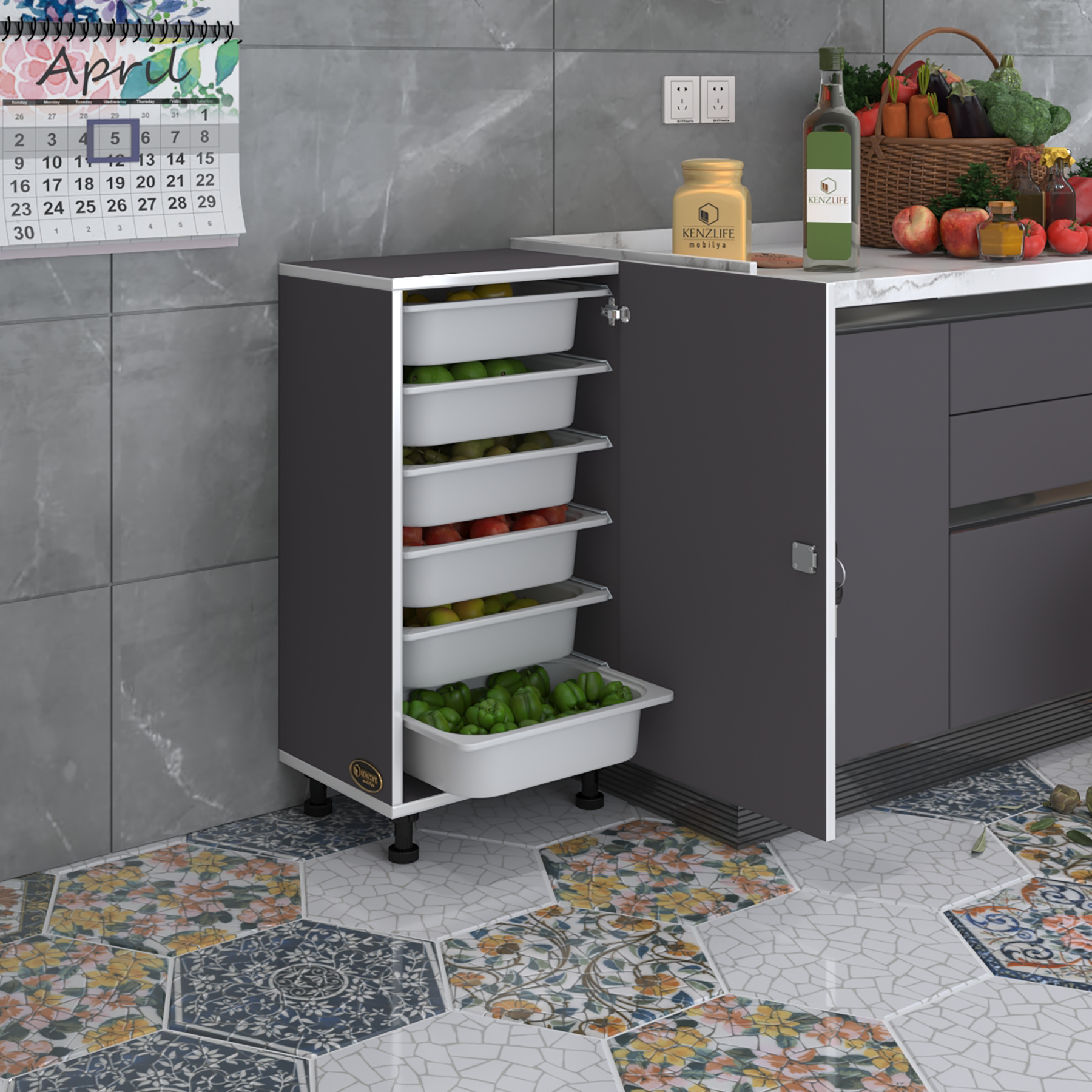 Kenzlife sepetli kilitli mutfak dolabı ruberukilit gri 086x45x30 banyo çamaşır beyaz 6 lı sepet