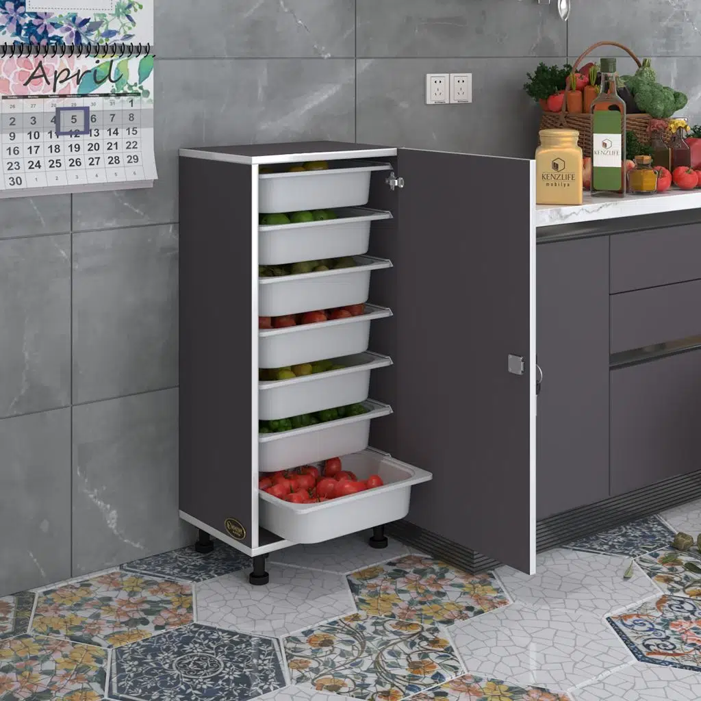 Kenzlife sepetli kilitli mutfak dolabı ruberukilit gri 098x45x30 banyo çamaşır beyaz 7 li sepet