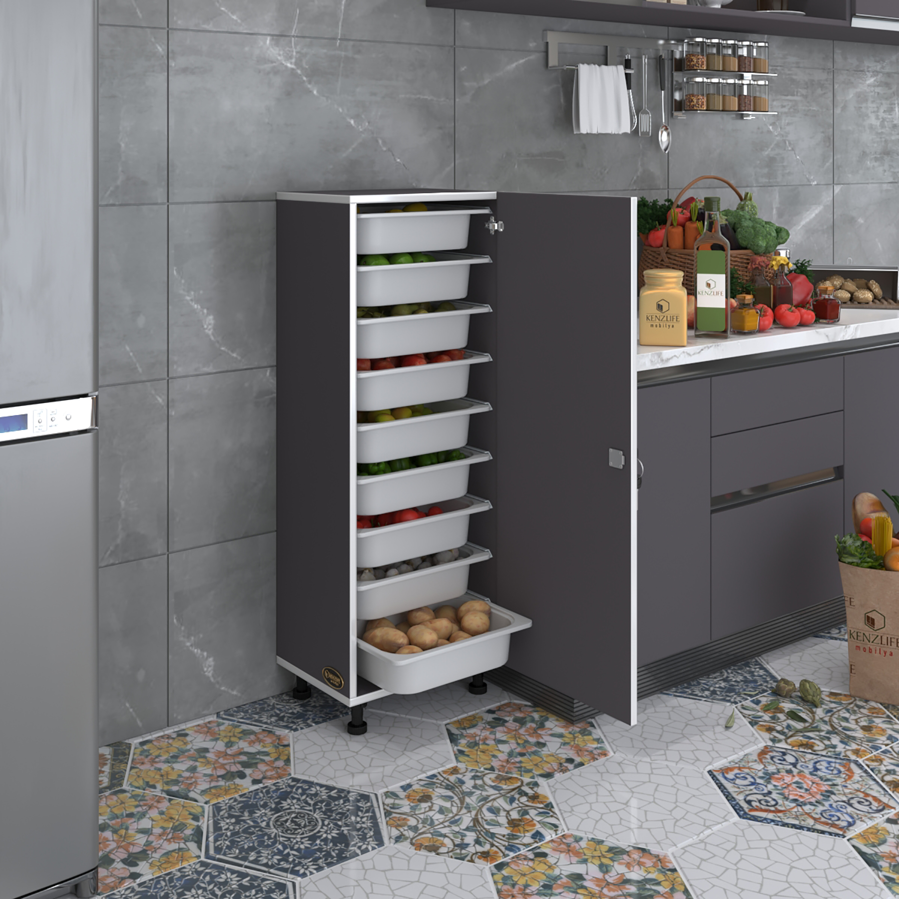 Kenzlife sepetli kilitli mutfak dolabı ruberukilit gri 122x45x30 banyo çamaşır beyaz 9 lu sepet