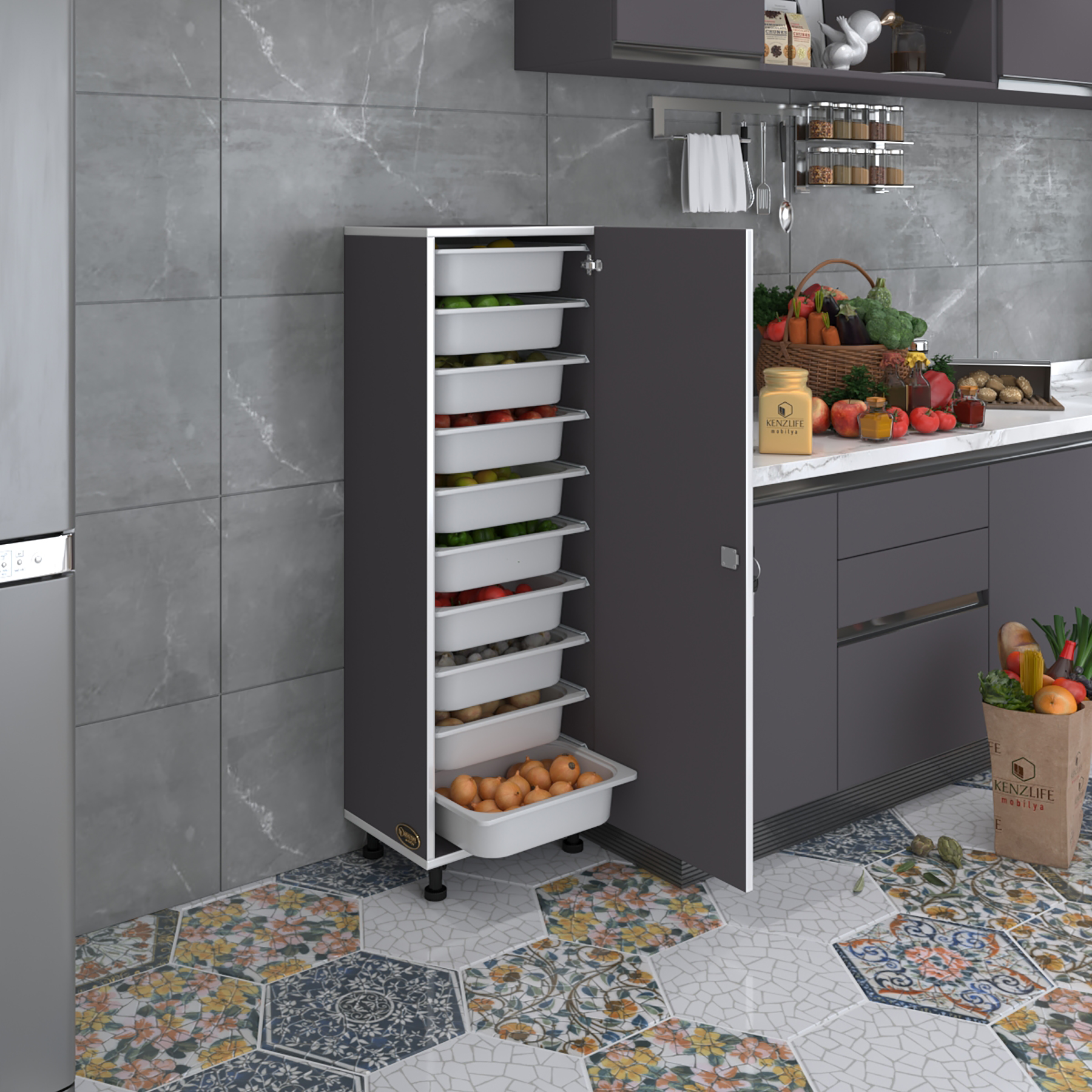 Kenzlife sepetli kilitli mutfak dolabı ruberukilit gri 134x45x30 banyo çamaşır beyaz 10 lu sepet