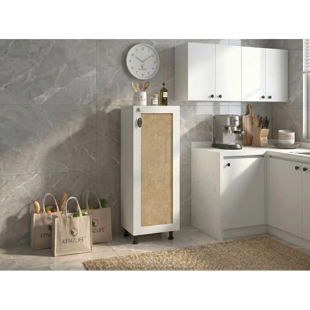 Kenzlife sepetli kilitli mutfak dolabı ruberukilit mat beyaz 122*45*30 jut kare kapak suntalam gövde