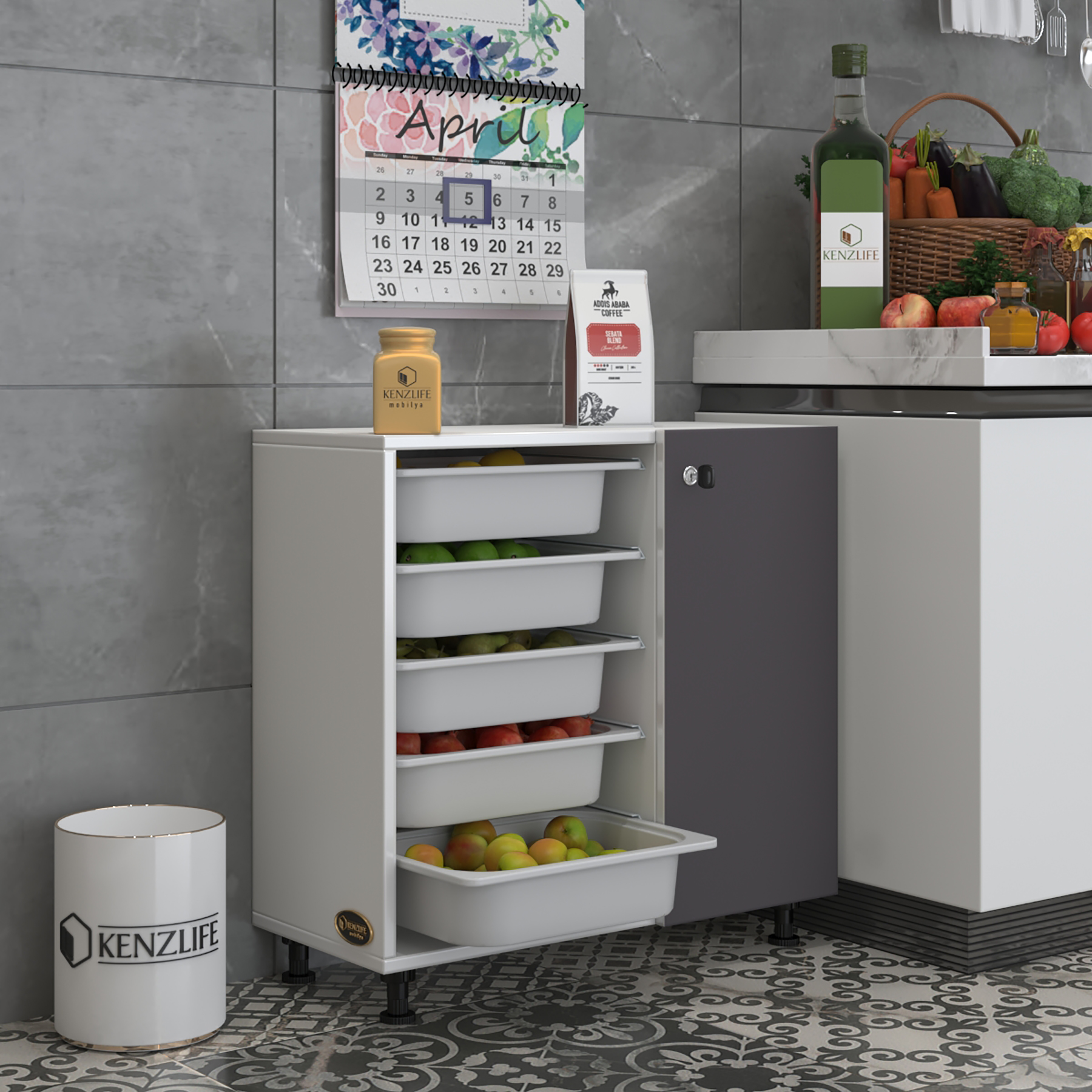 Kenzlife sepetli kilitli mutfak dolabı şükufe gribyz 074*075*32 erzak 5 sepetli