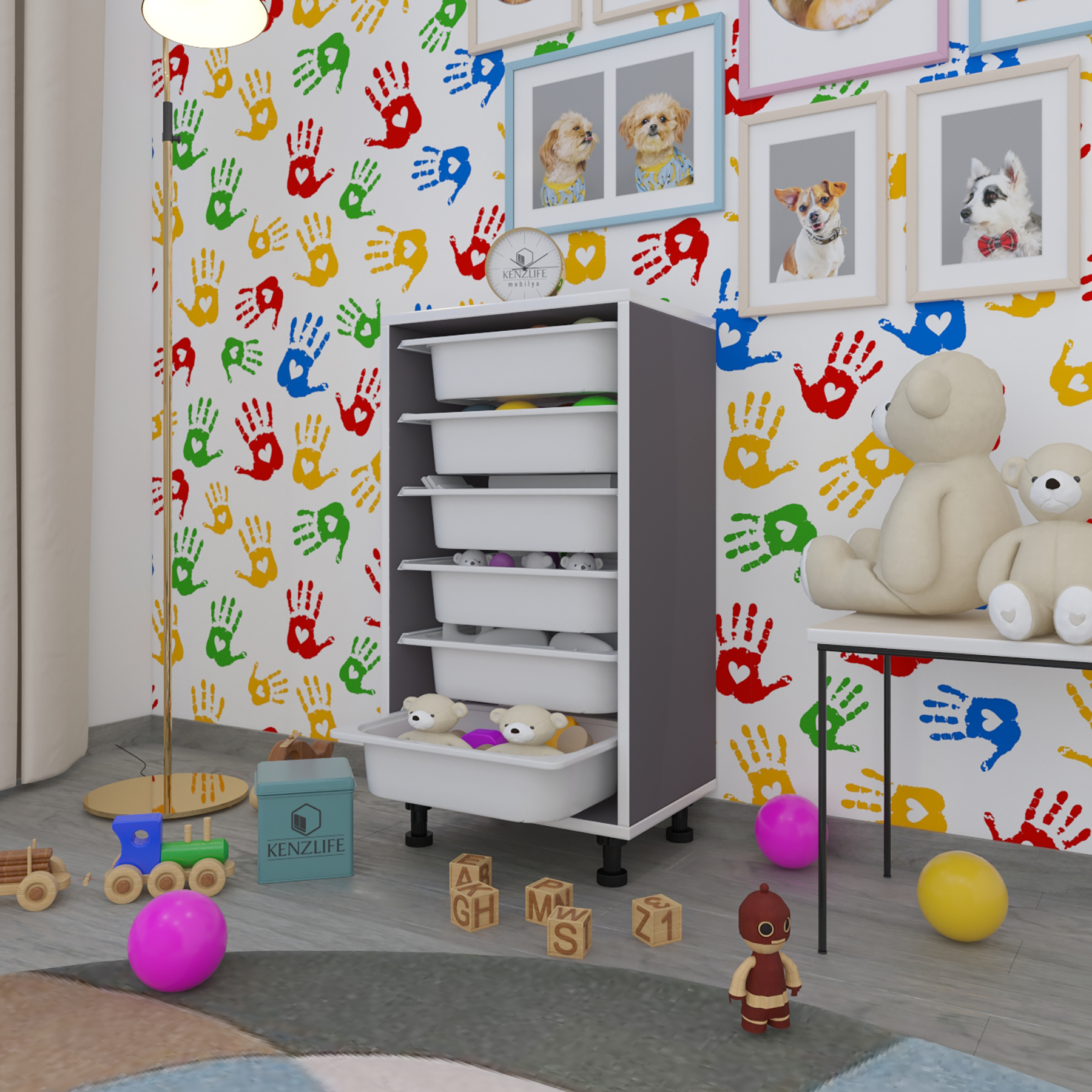 Kenzlife sepetli mutfak dolabı ruberu gri 086x45x30 banyo oyuncak çamaşır beyaz 6 lı sepet