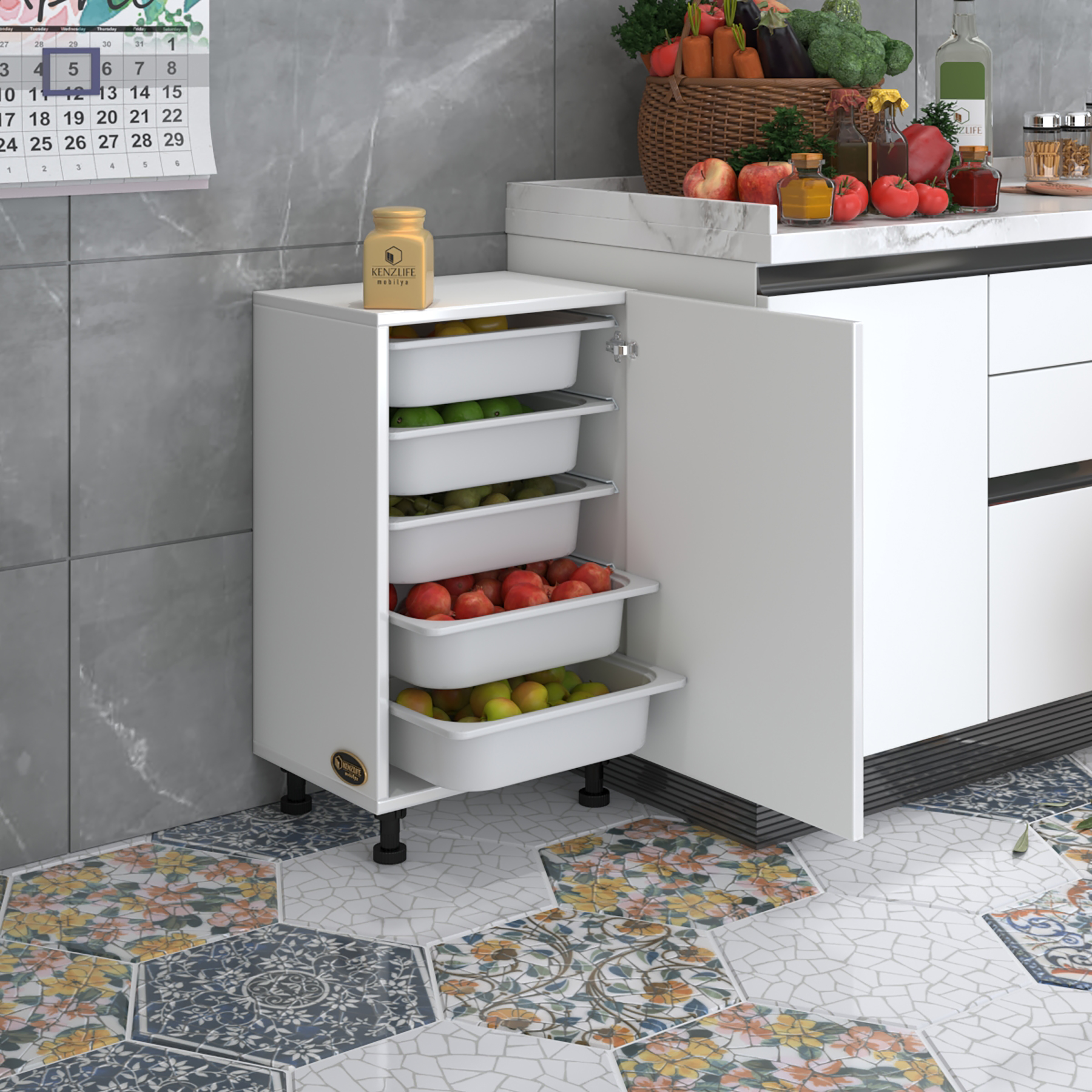 Kenzlife sepetli mutfak dolabı ruberukapak byz 074x45x30 kapaklı banyo çamaşır beyaz 5 li sepet
