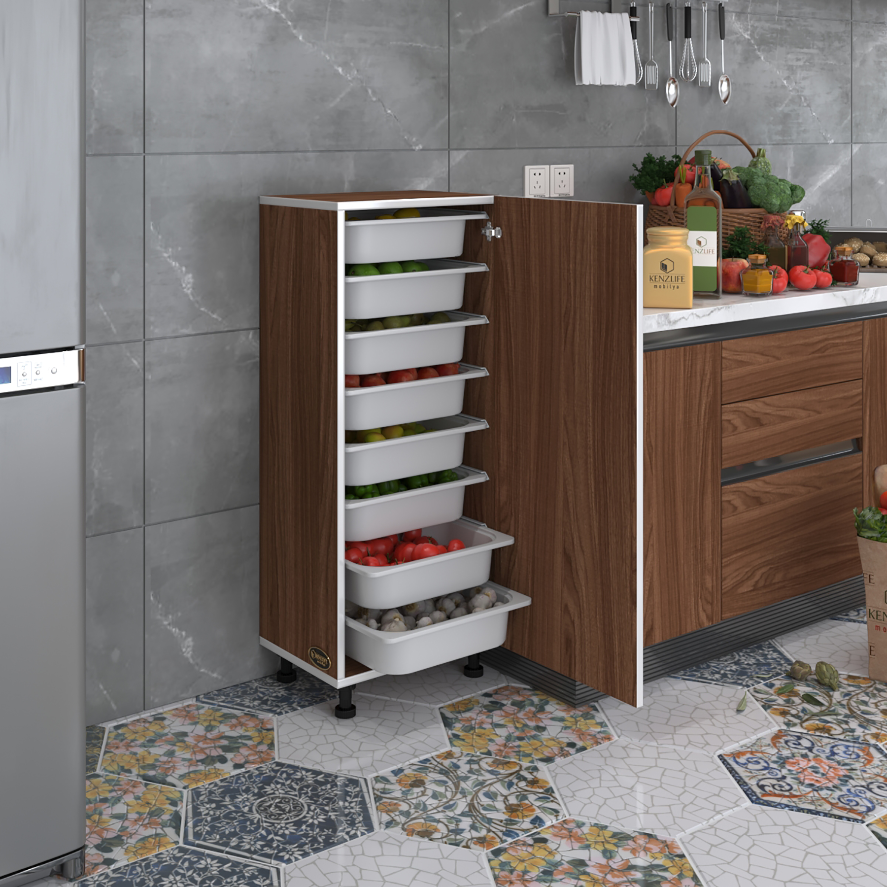Kenzlife sepetli mutfak dolabı ruberukapak cvz 110x45x30 kapaklı banyo çamaşır beyaz 8 li sepet