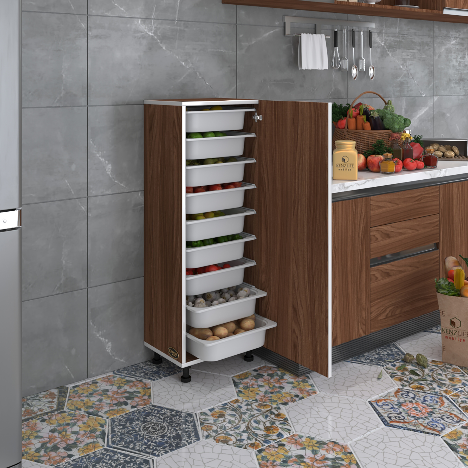 Kenzlife sepetli mutfak dolabı ruberukapak cvz 122x45x30 kapaklı banyo çamaşır beyaz 9 lu sepet