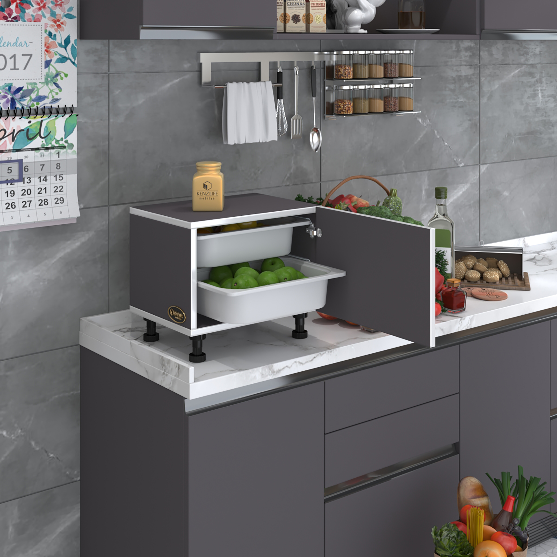 Kenzlife sepetli mutfak dolabı ruberukapak gri 038x45x30 kapaklı banyo çamaşır beyaz 2 li sepet