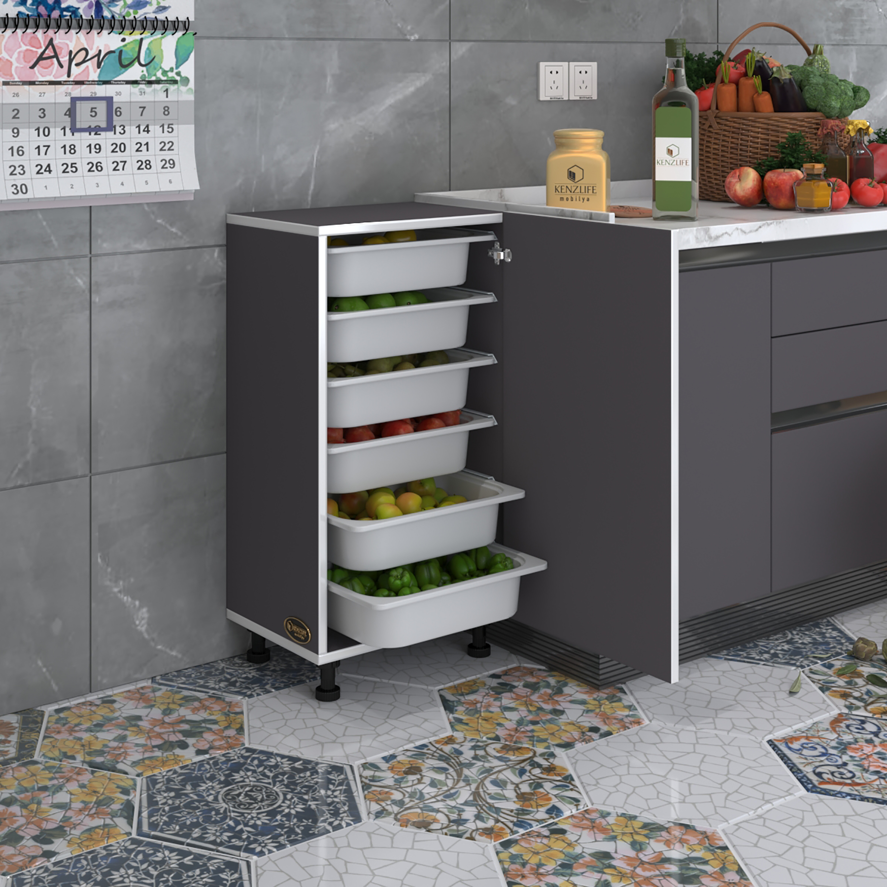 Kenzlife sepetli mutfak dolabı ruberukapak gri 086x45x30 kapaklı banyo çamaşır beyaz 6 lı sepet