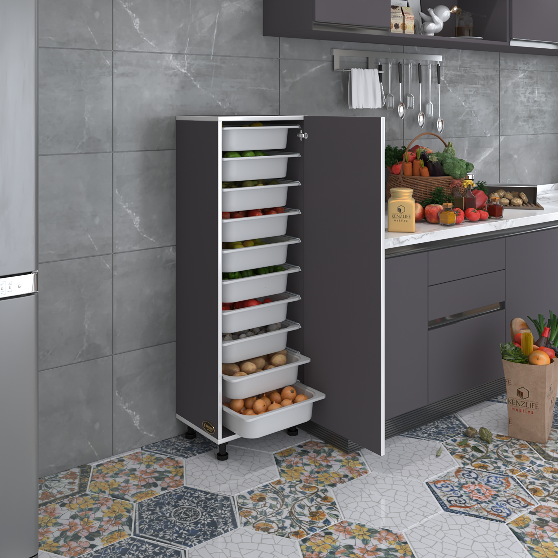 Kenzlife sepetli mutfak dolabı ruberukapak gri 134x45x30 kapaklı banyo çamaşır beyaz 10 lu sepet